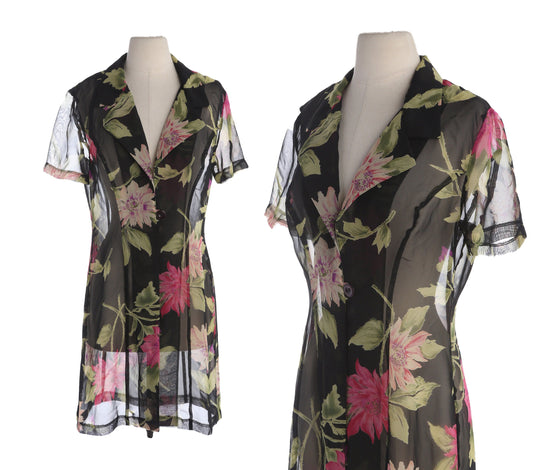 Y2K Black Floral Print Polyester Sheer Summer Dress