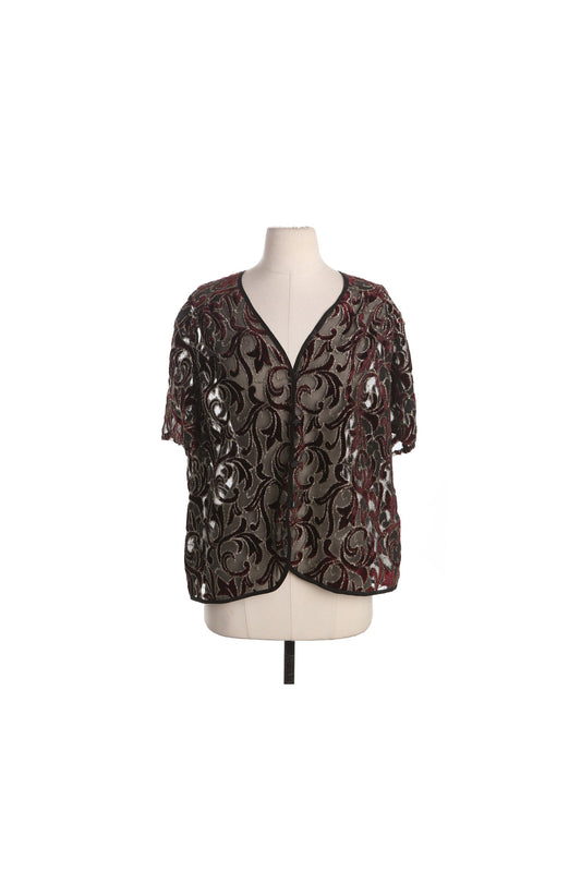 90's Women Black Sheer Top with Velvet Floral Design