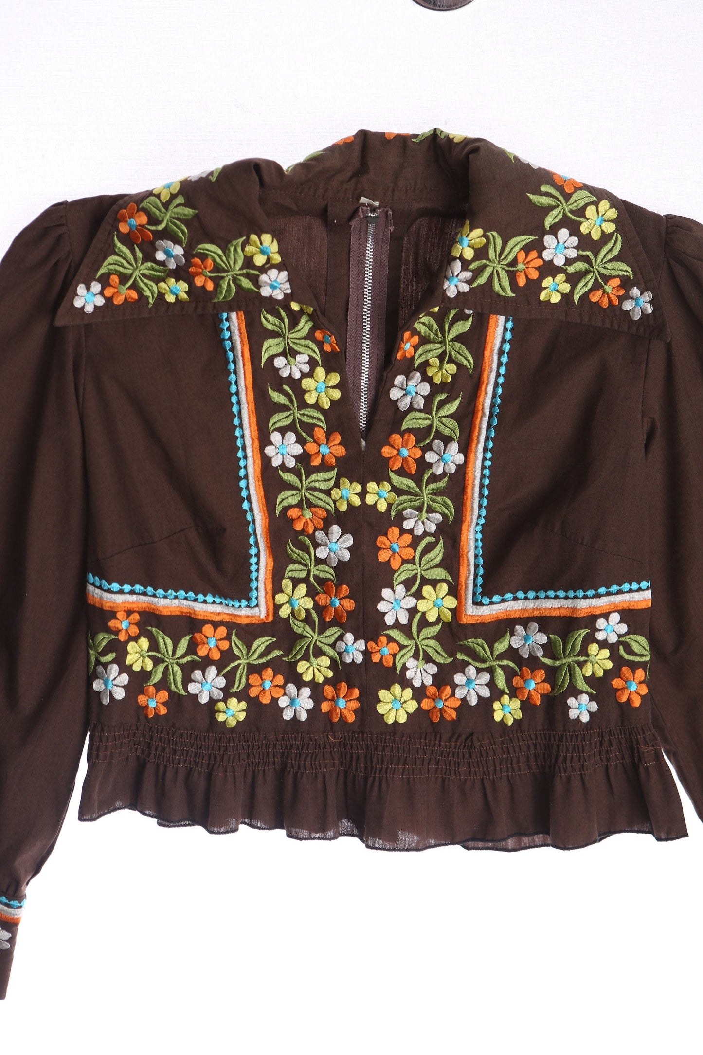 Women Brown Floral Embroidered Long Sleeve High Waist Summer Top