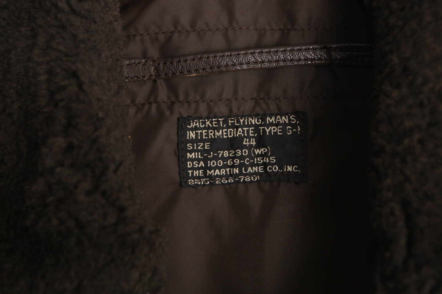 Men's Brown Leather Bomber Jacket with Faux Fur Collar - Type G-1 - Size 44 - By the Martin Lane Co. Inc