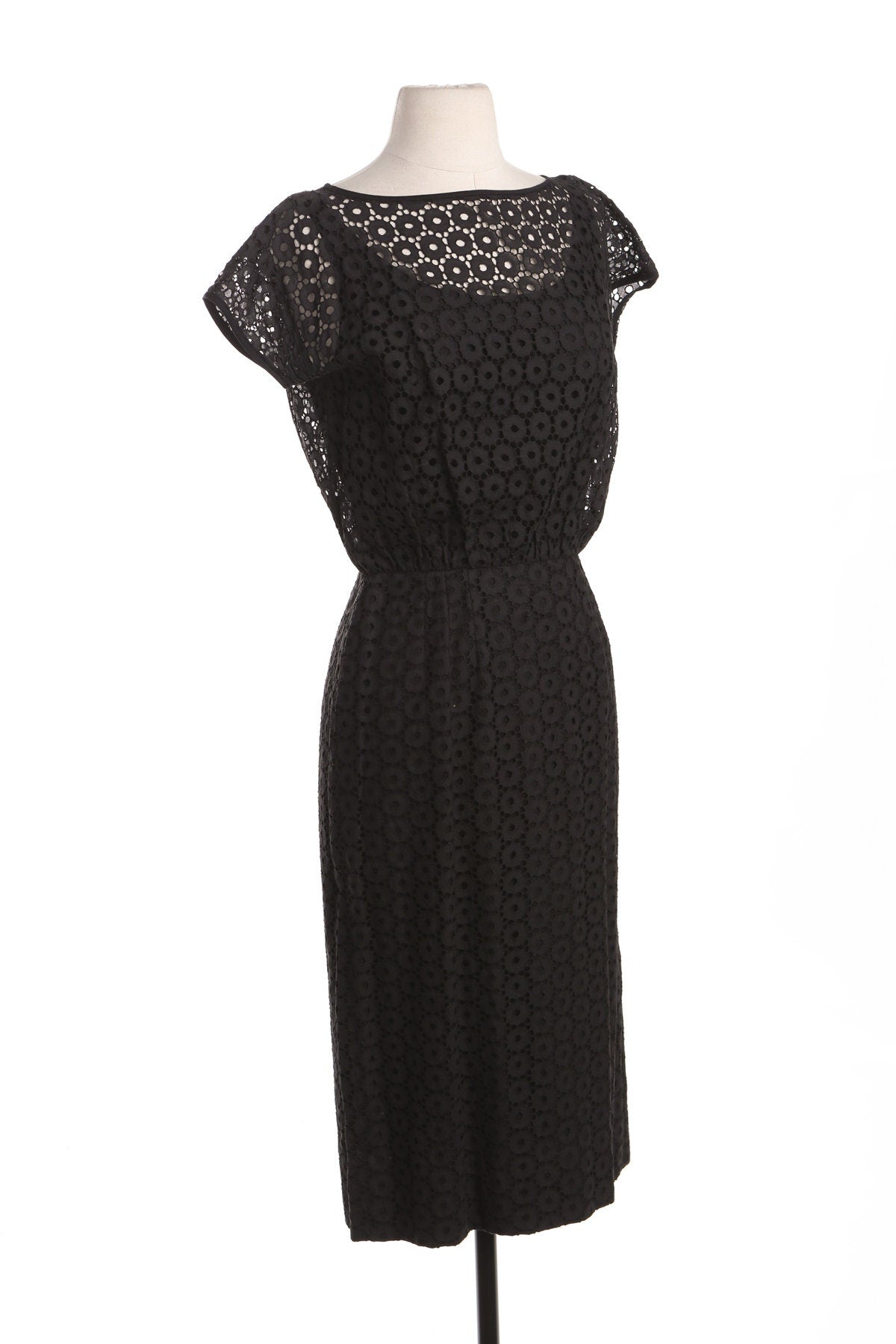 Pat Hartly Black Casual Dress - Circle Mesh Fabric Pattern - Era 50's - 60's