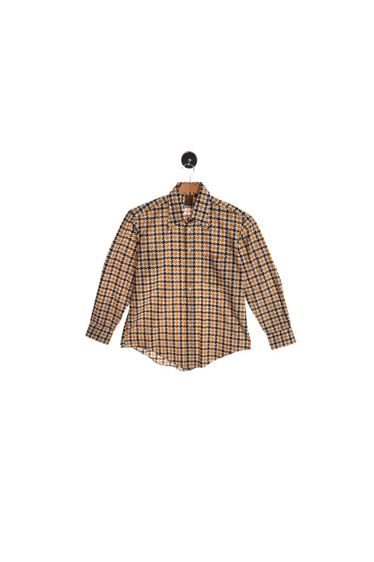 70's Plaid Shirt - White Black Yellow Houndstooth Print - Long Sleeve - Mod