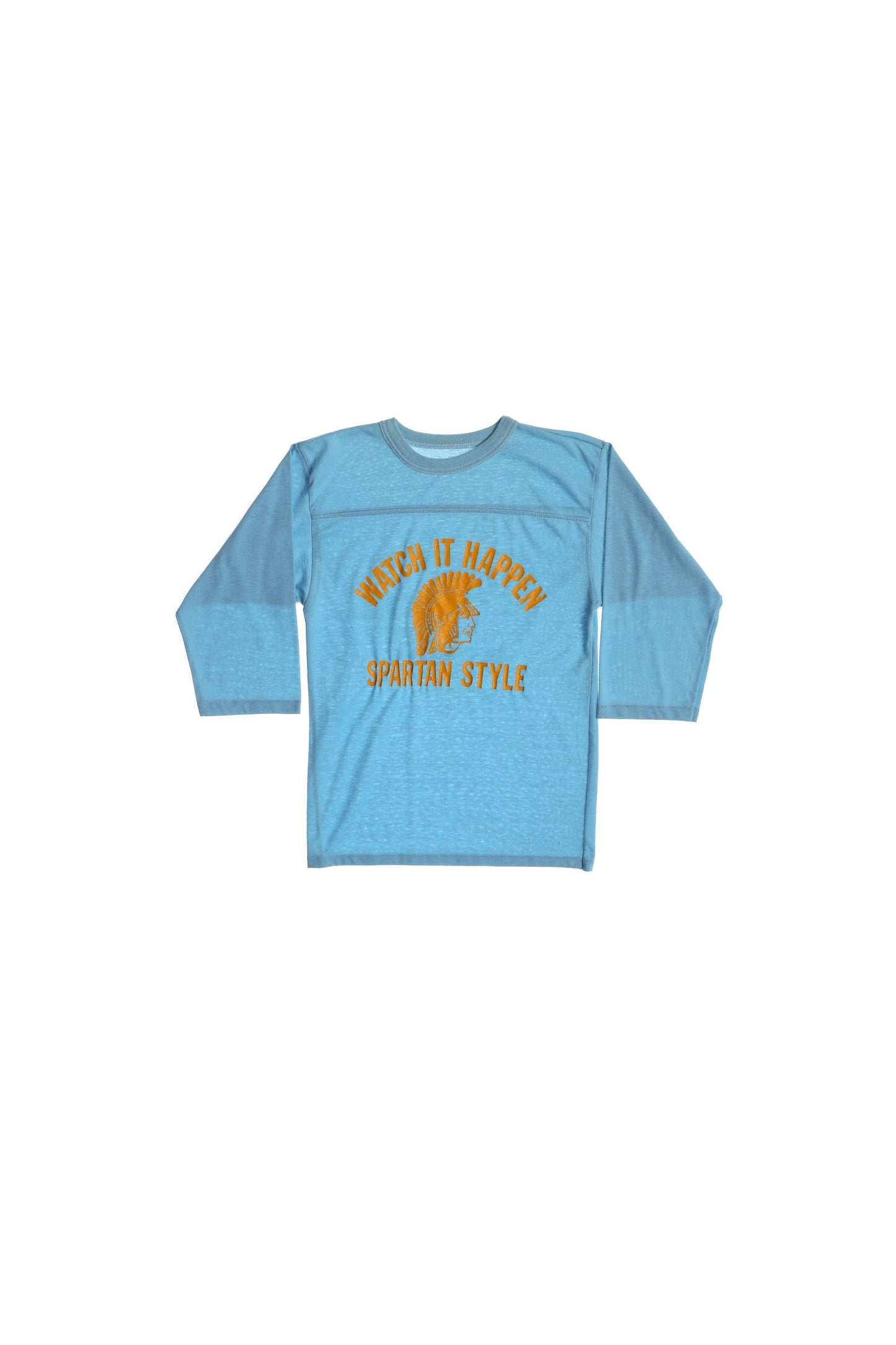 Vintage Blue Graphic T-shirt - Watch It Happen Spartan Style Yellow Print - Era 70's -80's
