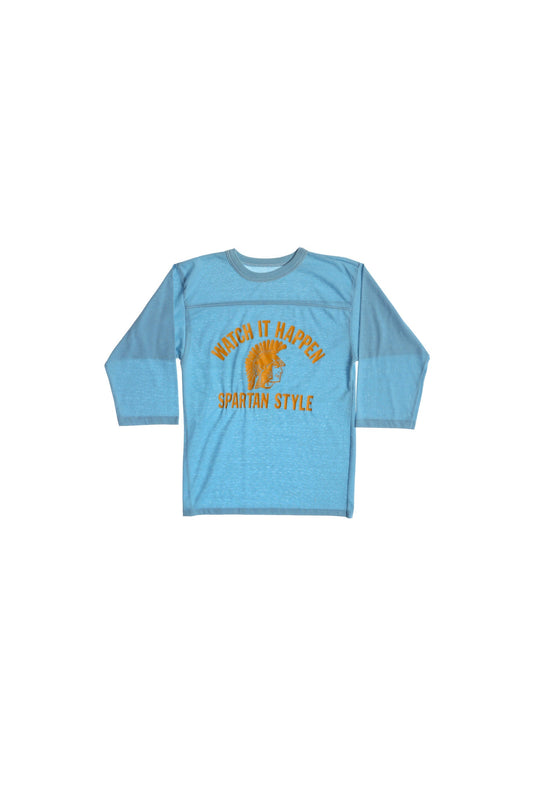Vintage Blue Graphic T-shirt - Watch It Happen Spartan Style Yellow Print - Era 70's -80's