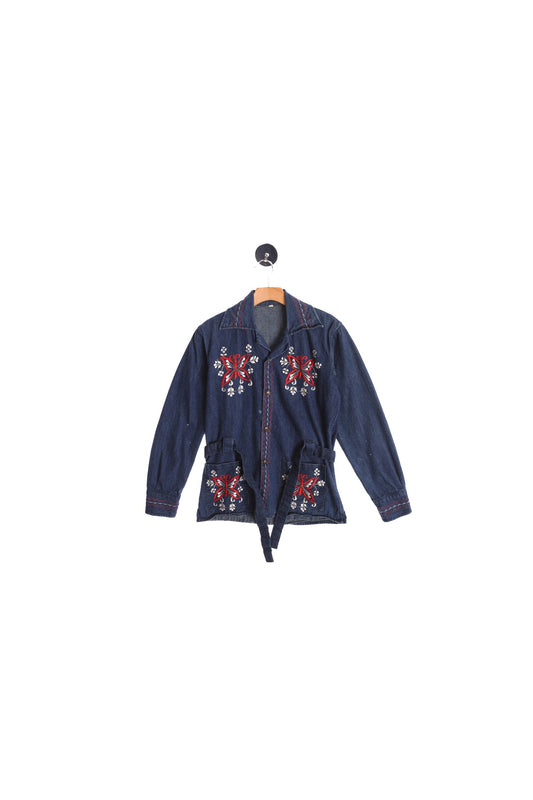 70's Men Embroidered Blue Denim Jacket with Waist Belt