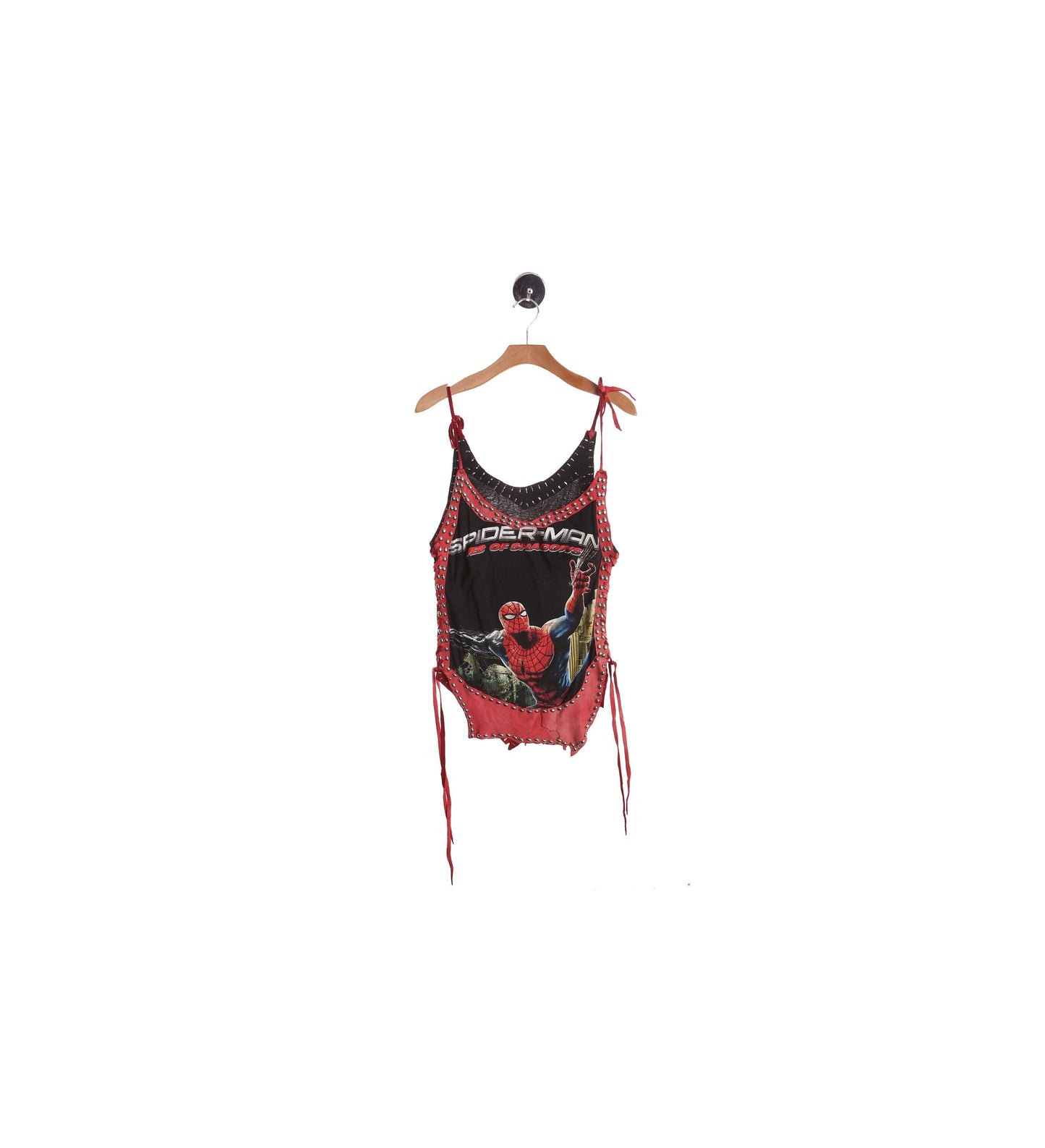 Costume Made Leather Top with Silver Studds and Cut Off Spiderman Graphic Shirt Patch