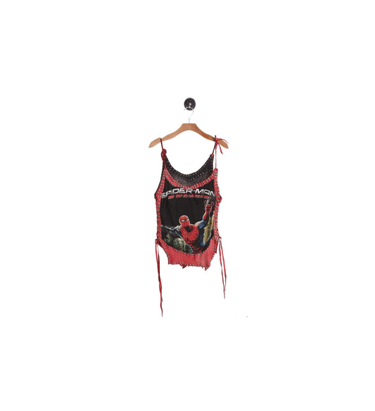 Costume Made Leather Top with Silver Studds and Cut Off Spiderman Graphic Shirt Patch