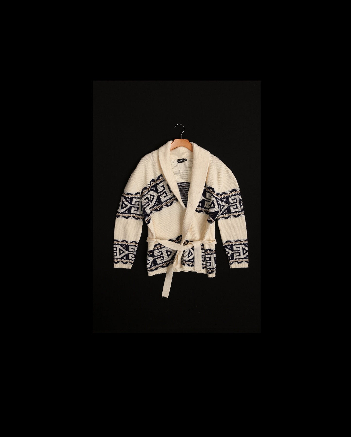 Vintage Men 70's Open Sweater with Waist Belt - Geometric Print