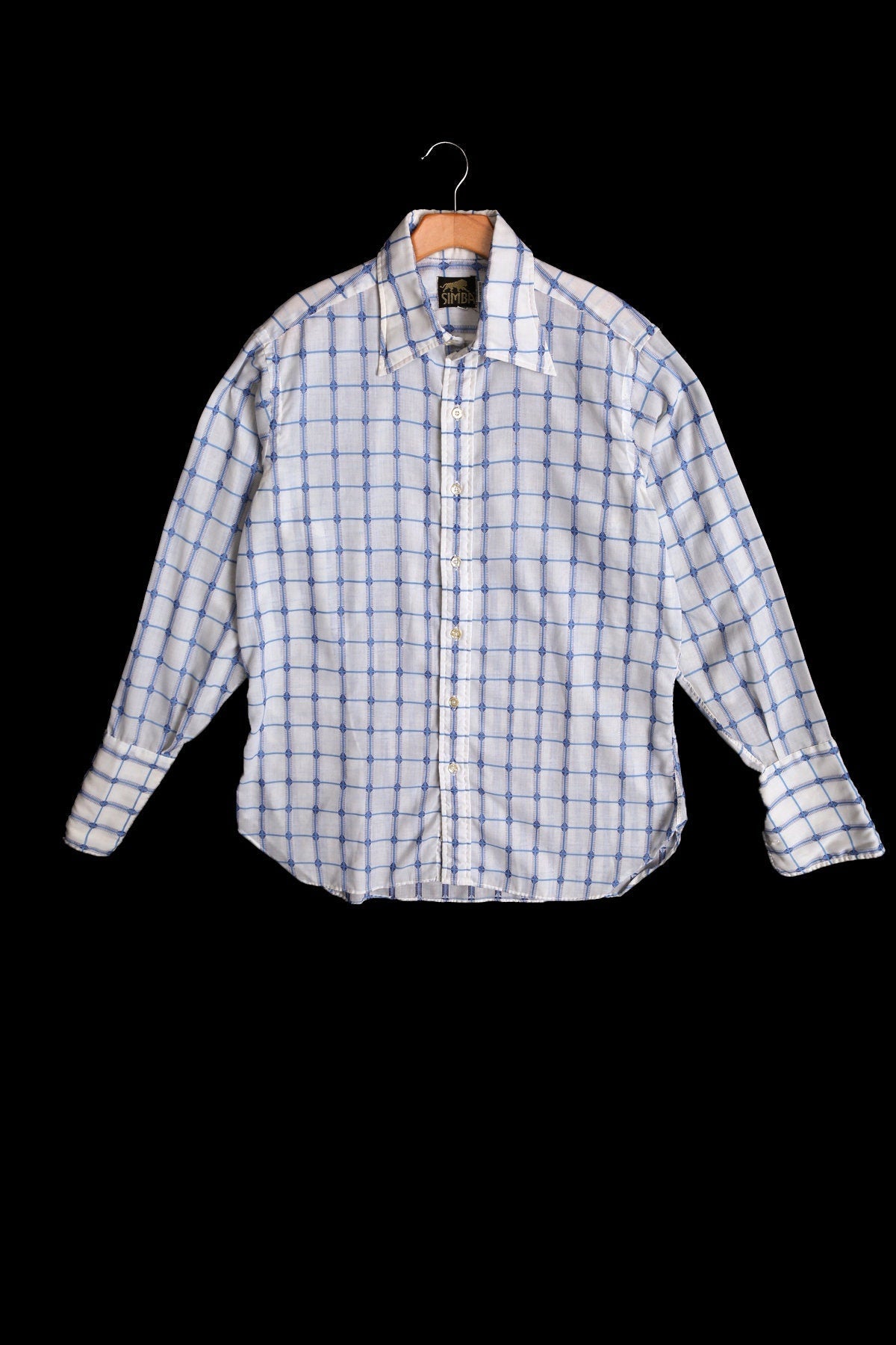 Vintage Men Oxford Button Up Shirt with Blue Plaid Details - Era 70's - 80's
