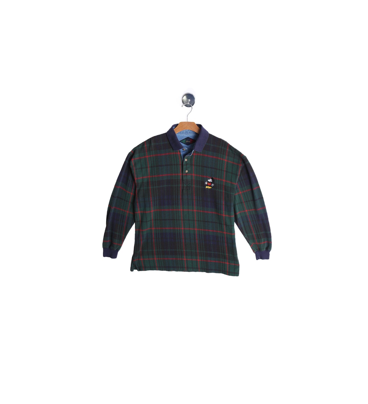 Vintage Mickey Mouse Green Plaid Long Sleeve Polo Shirt