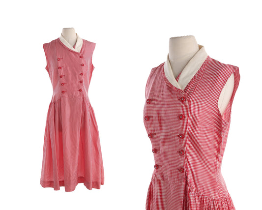 1950s Women Red Plaid Casual Dress