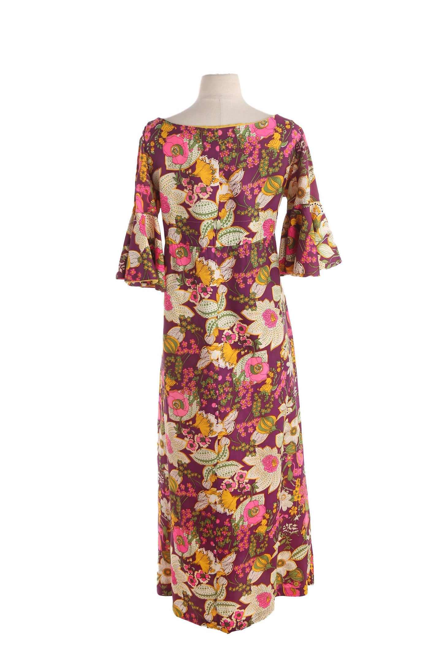 70s Women Floral Print Long Casual Dress with Yellow Waist Bow Belt