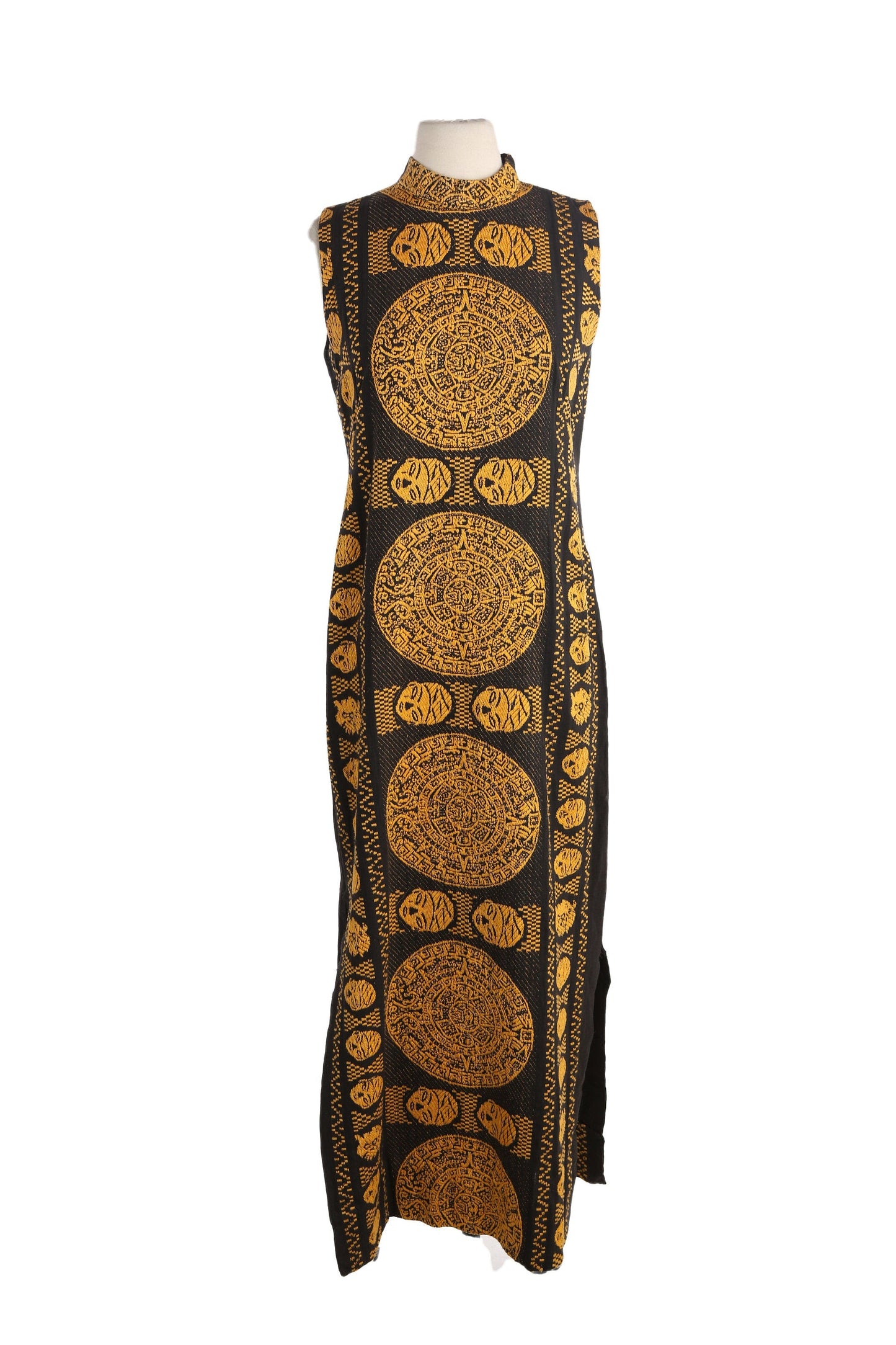 Vintage Women Black Ethnic Embroidered Dress / Aztec Calendar Design