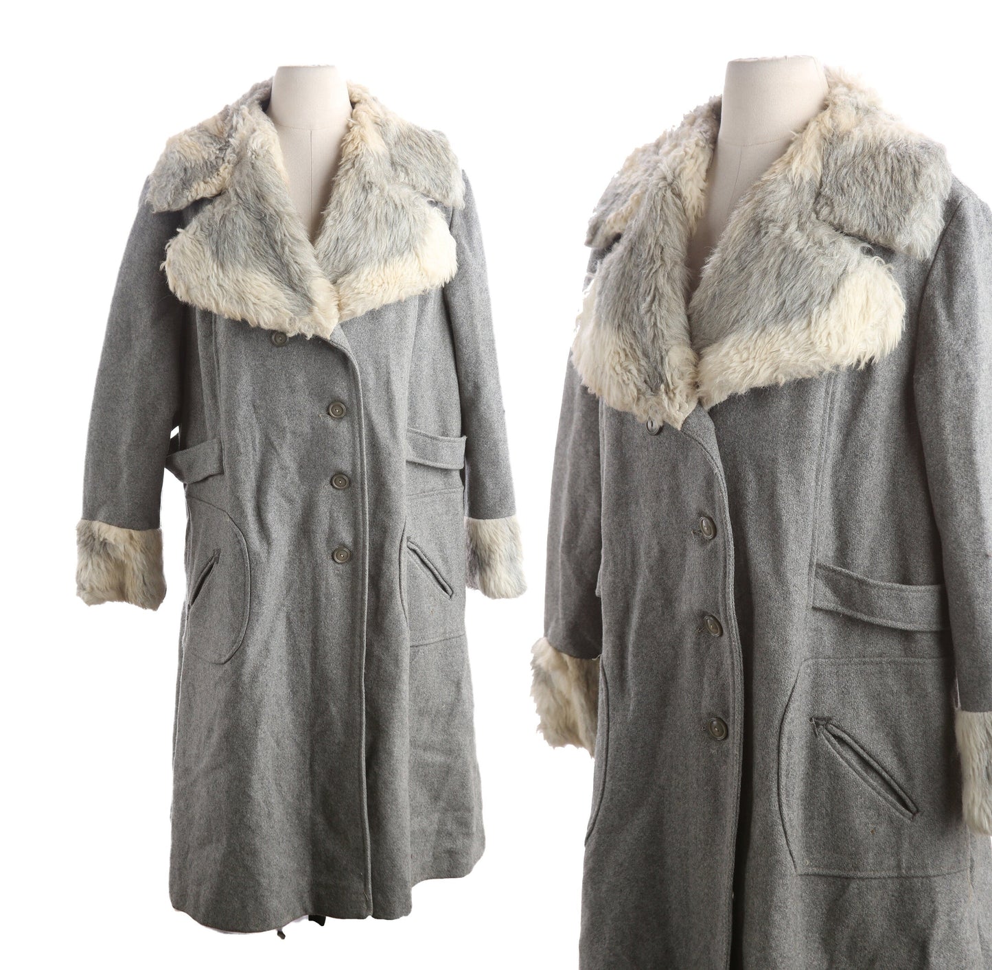 Vintage Women's Gray Winter Coat with White Faux Fur Collar - Estimated Era 1960's - 1970's