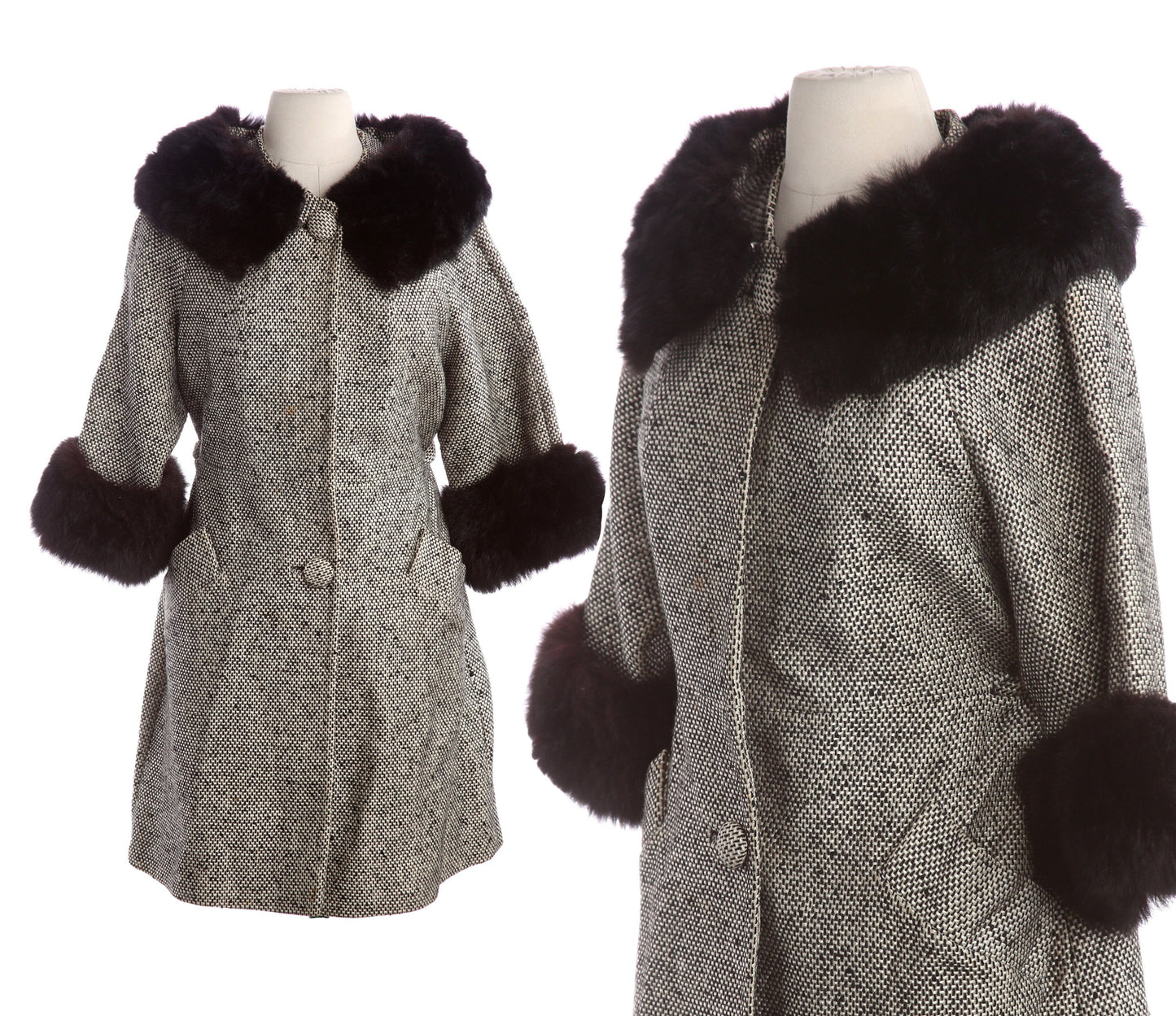Vintage Women White Plaid Winter Coat with Fur Collar - Estimated Era 1950's - 1960's