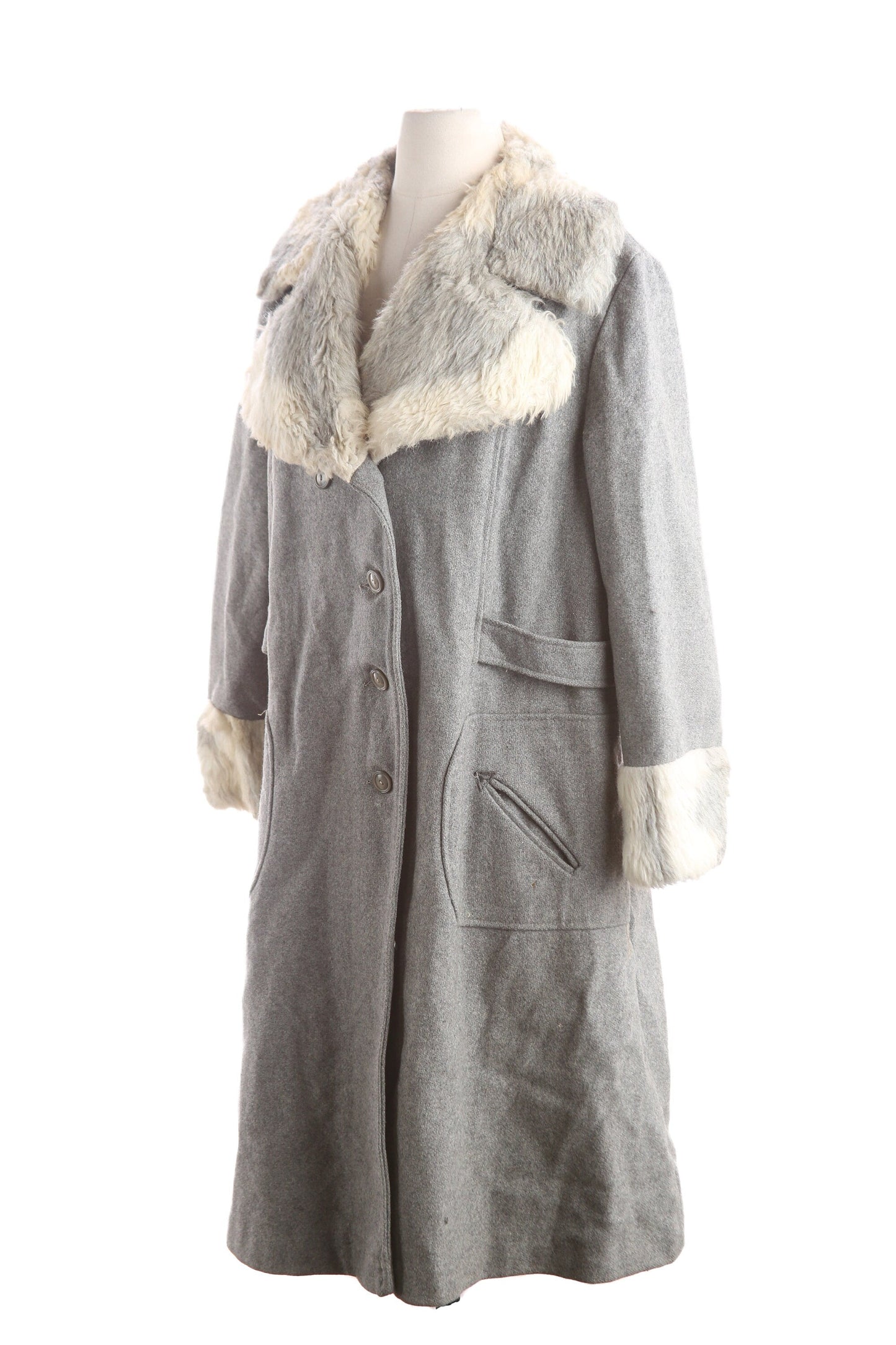 Vintage Women's Gray Winter Coat with White Faux Fur Collar - Estimated Era 1960's - 1970's