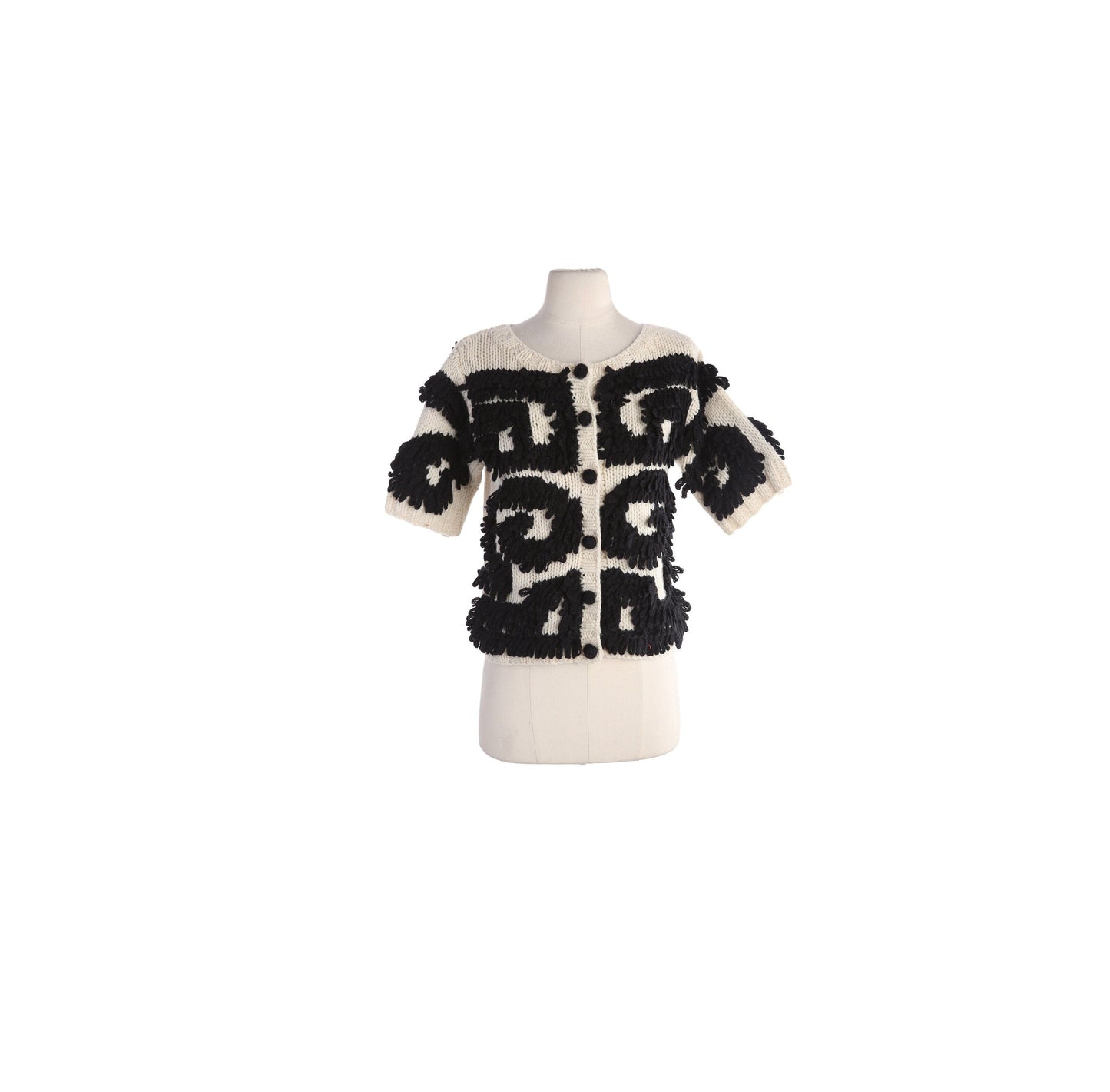 Vintage Women White Cardigan Sweater with Black Embroidered Designs by Clarie and Robin - Estimated Era 1980's - 1990's