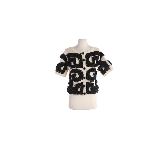 Vintage Women White Cardigan Sweater with Black Embroidered Designs by Clarie and Robin - Estimated Era 1980's - 1990's