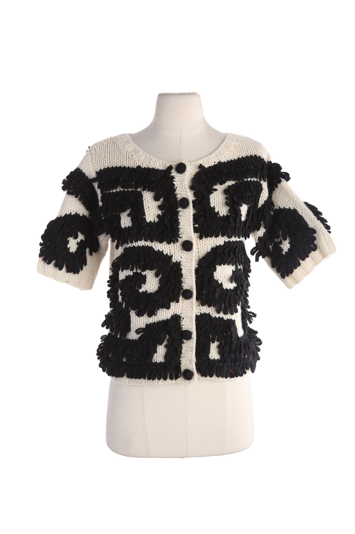 Vintage Women White Cardigan Sweater with Black Embroidered Designs by Clarie and Robin - Estimated Era 1980's - 1990's