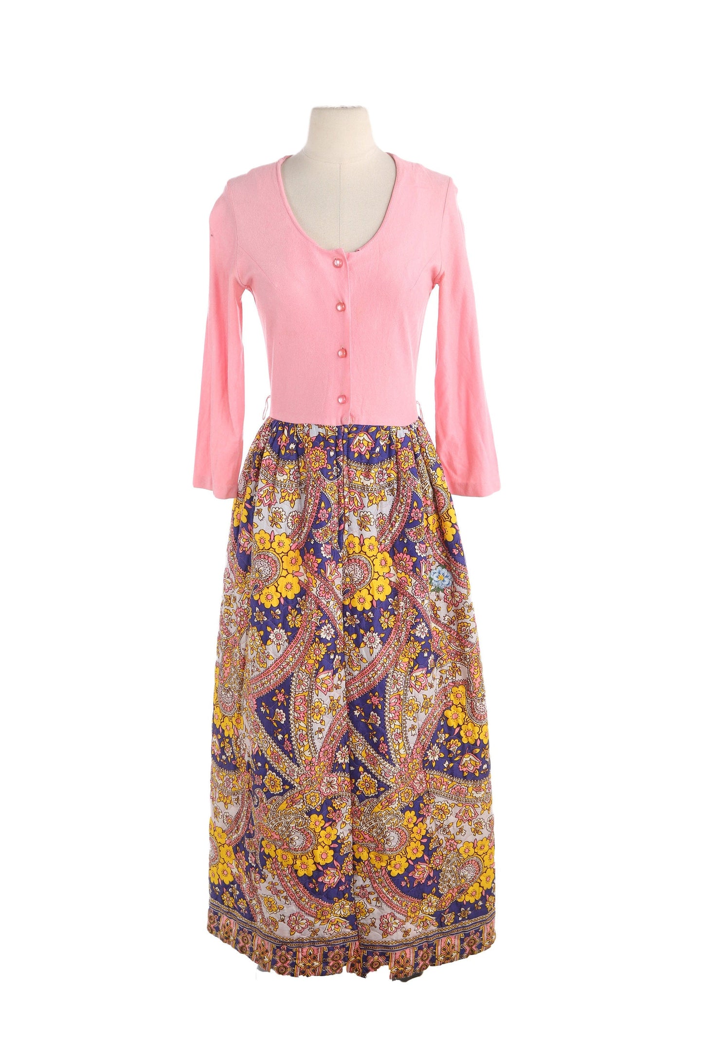 1970s Women Pink Floral Print Summer Dress