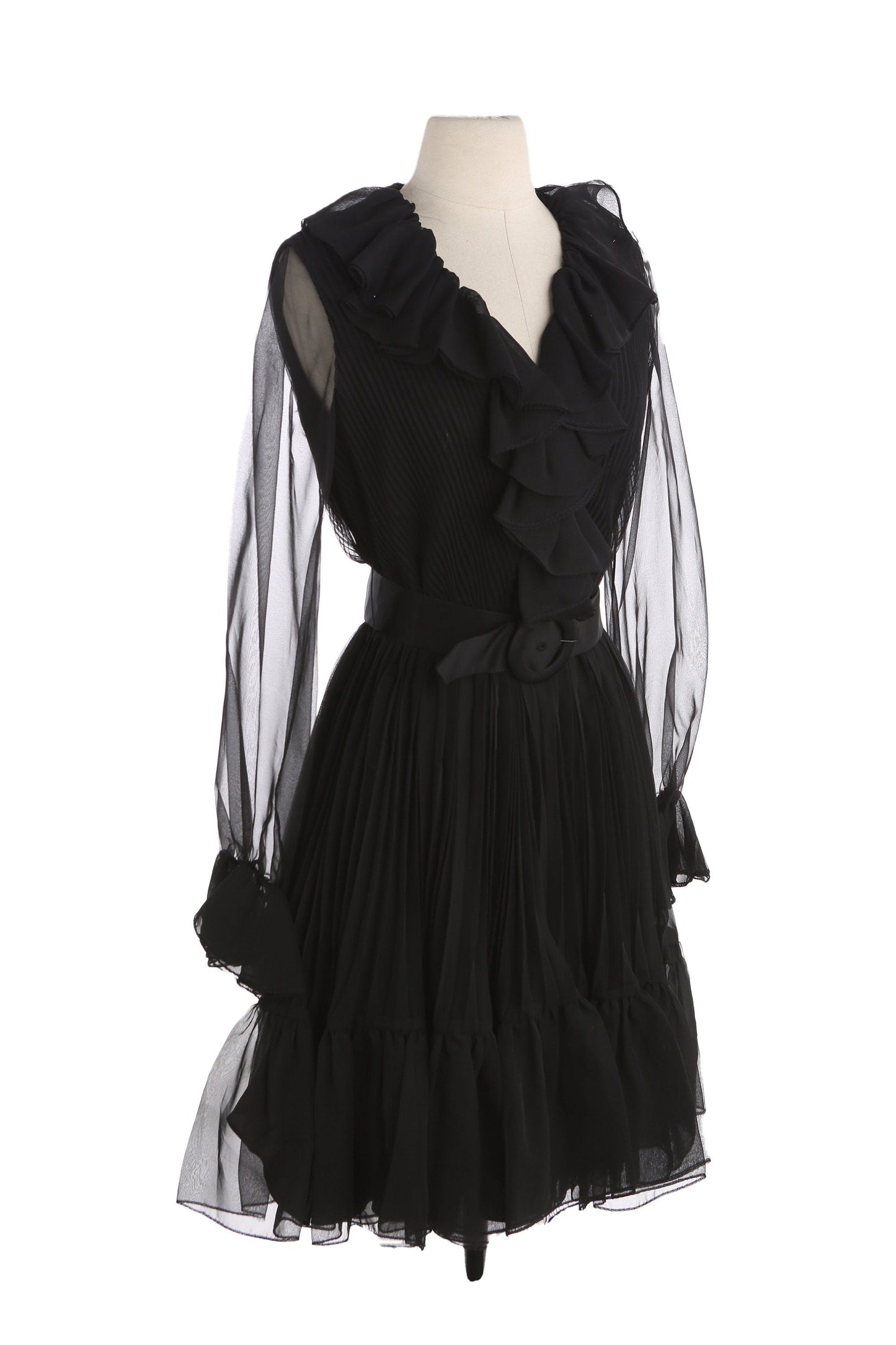 Vintage Black Pleated Bottom Dress with Ruffled Collar Seam / estimated Era: 70s - 80s