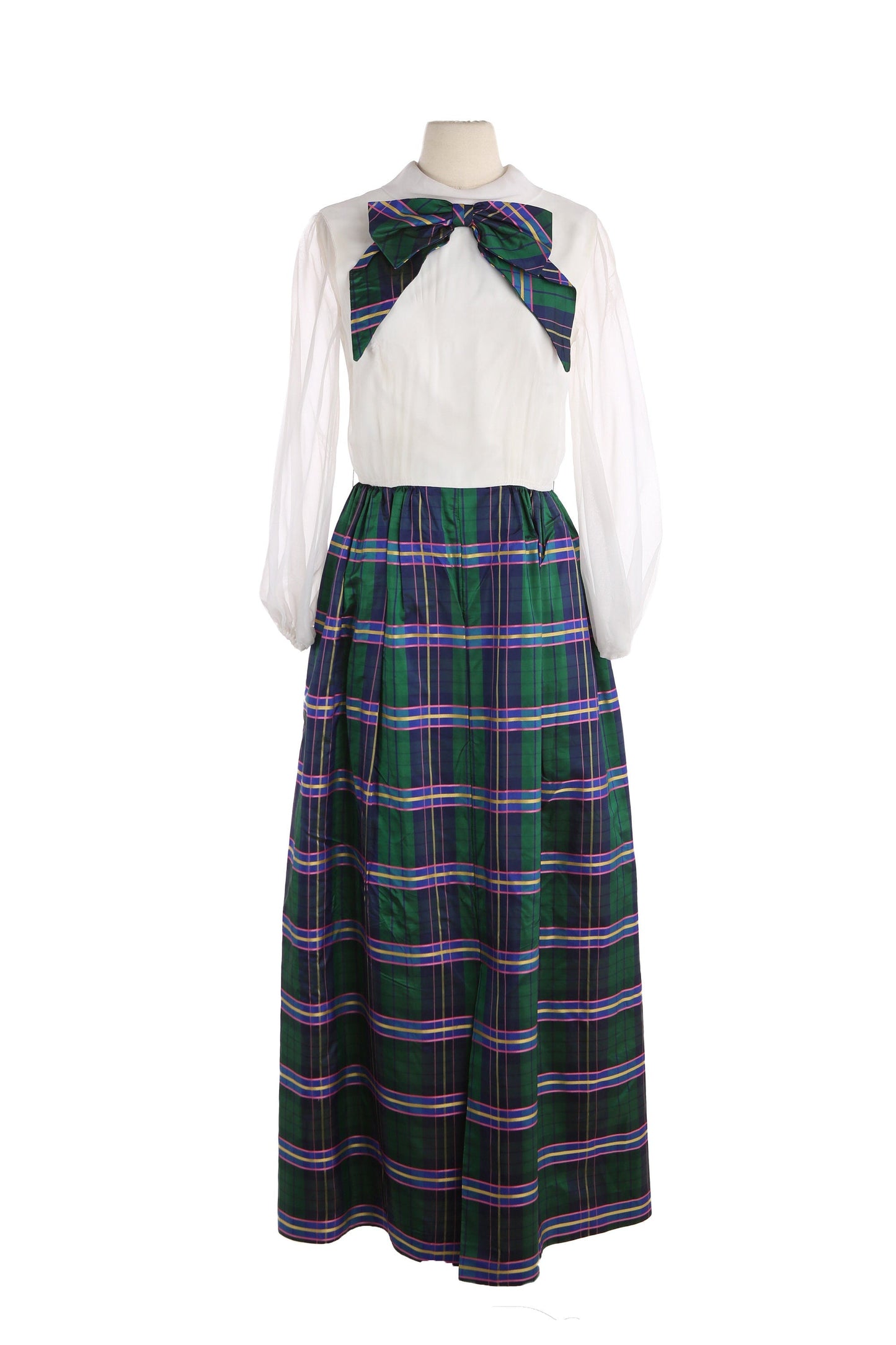 Vintage Women's Green Plaid Casual Dress with Big Collar Bow