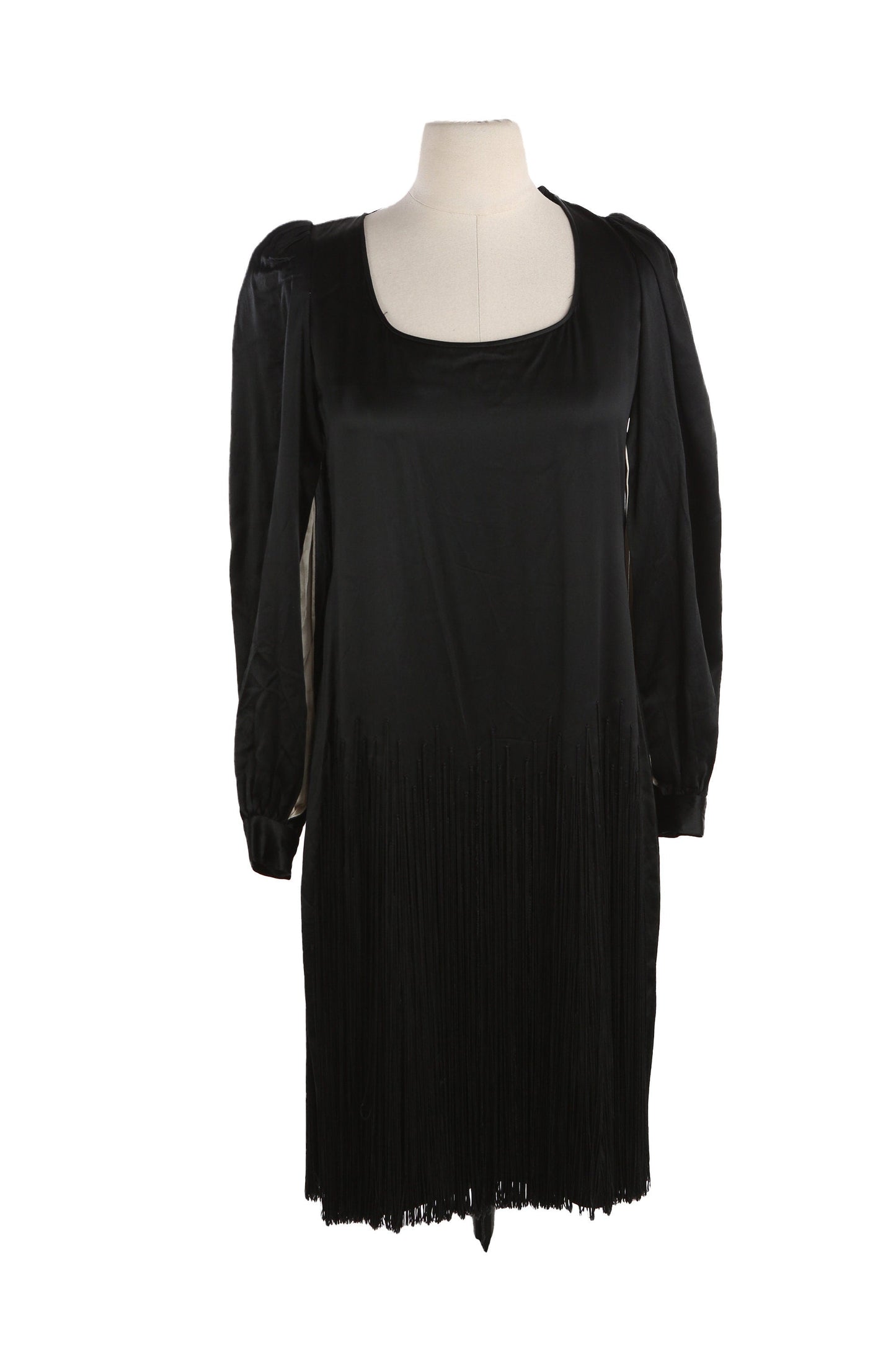 Vintage Women's Black Fringe Polyester Dress with Bottom Fringes by I. MAGNIN