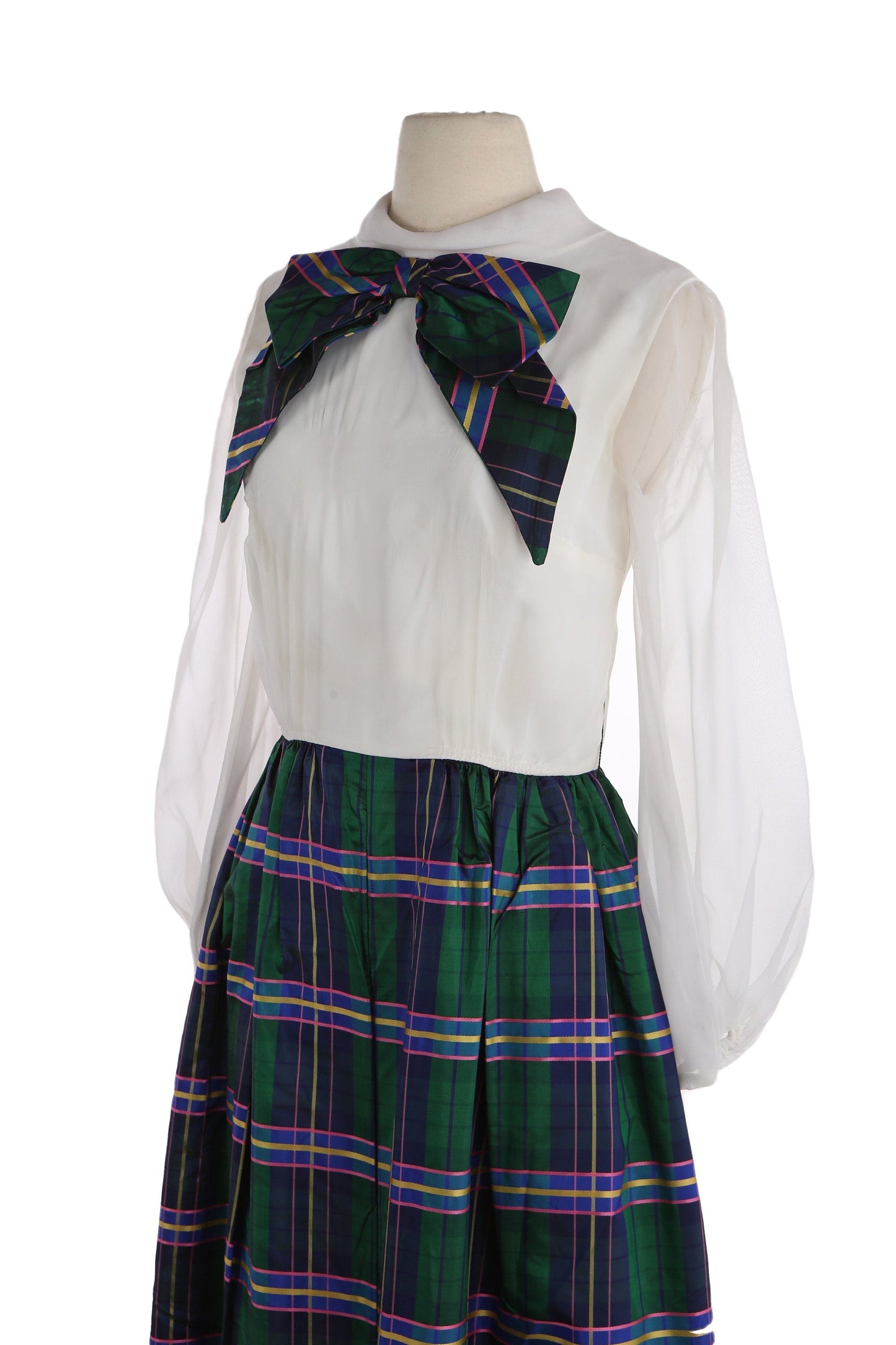 Vintage Women's Green Plaid Casual Dress with Big Collar Bow