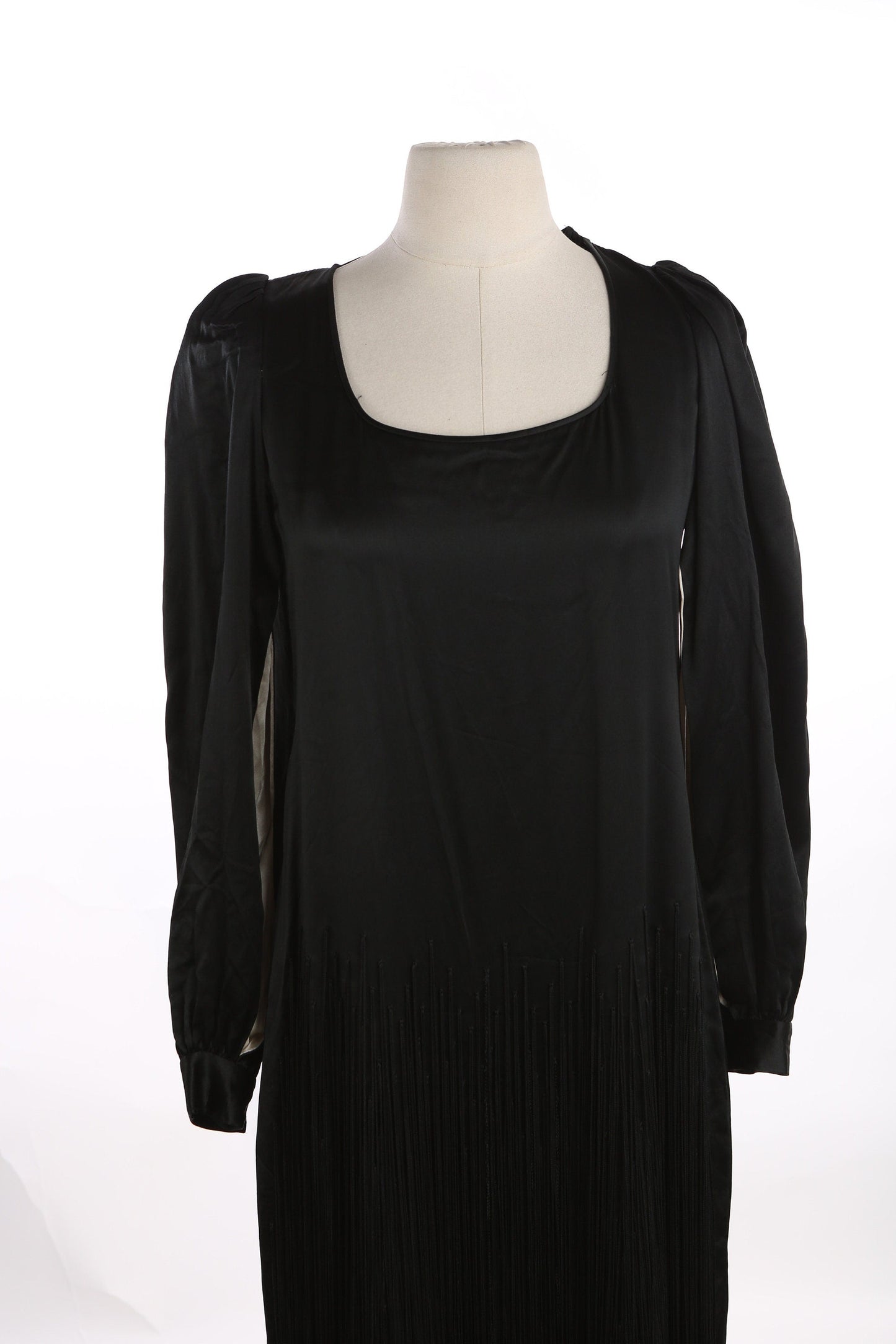 Vintage Women's Black Fringe Polyester Dress with Bottom Fringes by I. MAGNIN
