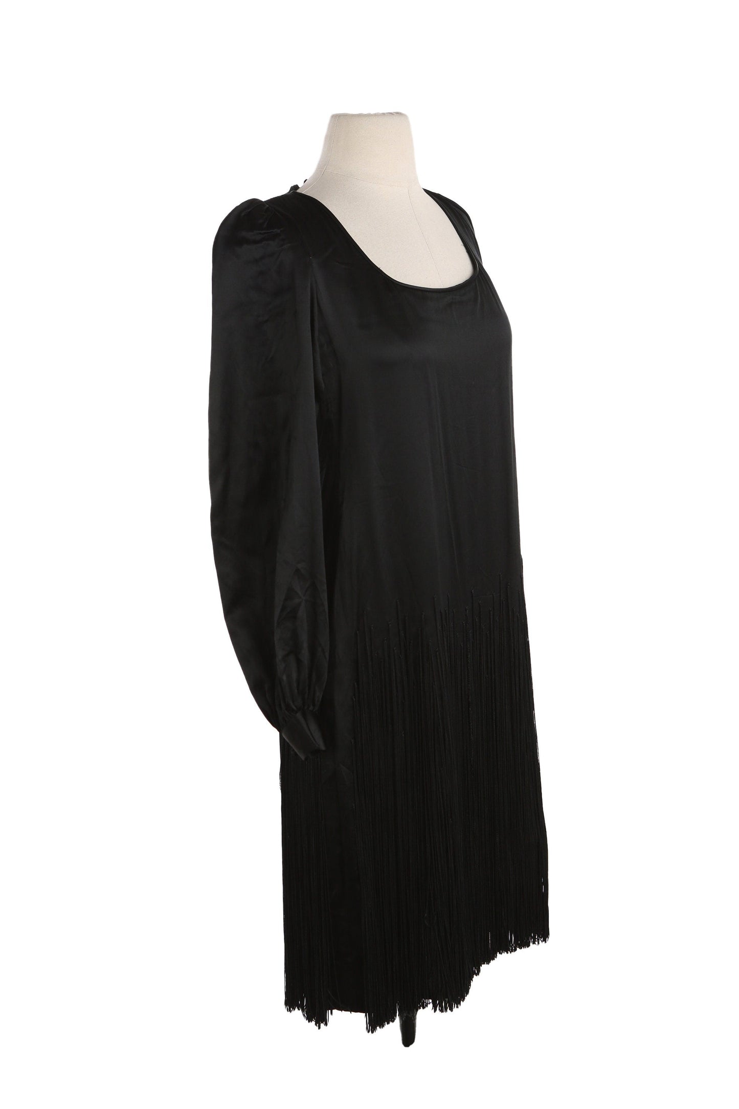 Vintage Women's Black Fringe Polyester Dress with Bottom Fringes by I. MAGNIN