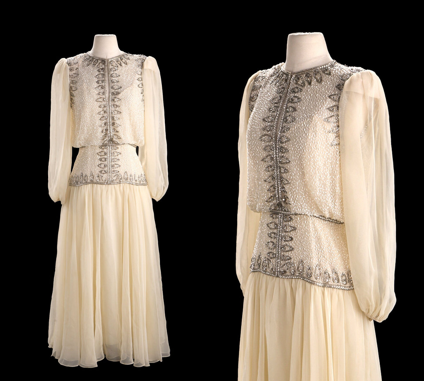 Vintage White Formal Sequin Dress - Era 1970s - 1980s