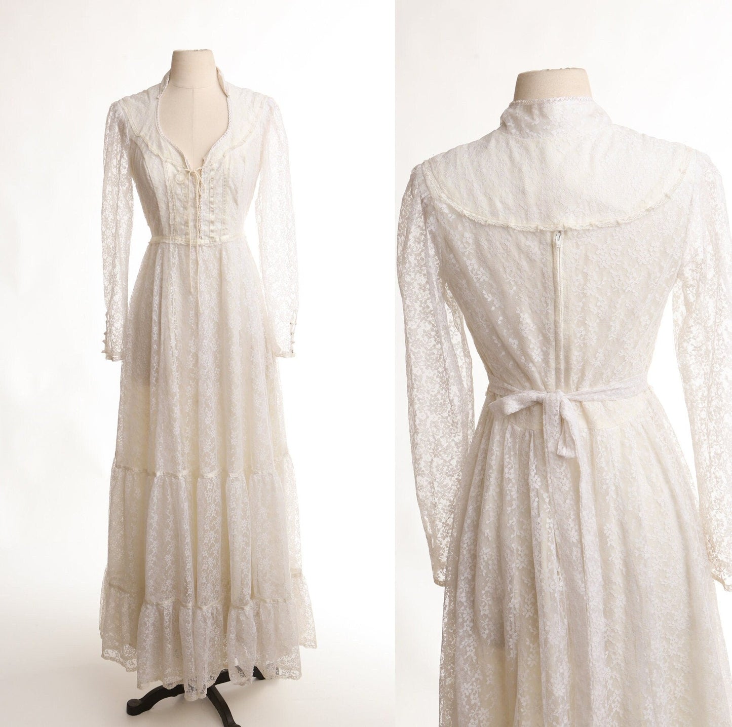 Vintage 70s Dress / White / Long Sleeve / Lace / Chest Lace Closure / Western / Weeding / Gunne Sax Style