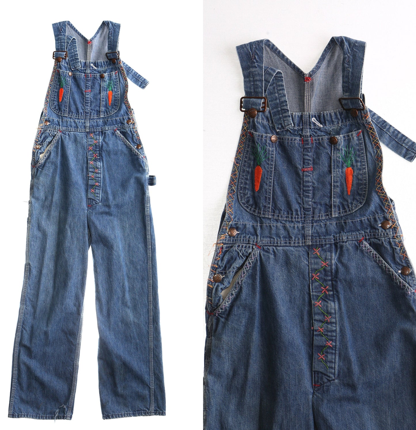Vintage Denim Overalls / Big Mac / Embroidered / Carrots Embroidery / 1970s - 1980s