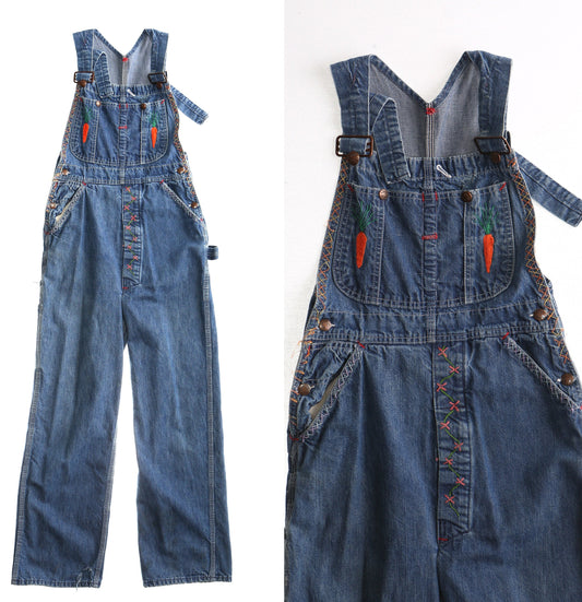 Vintage Denim Overalls / Big Mac / Embroidered / Carrots Embroidery / 1970s - 1980s