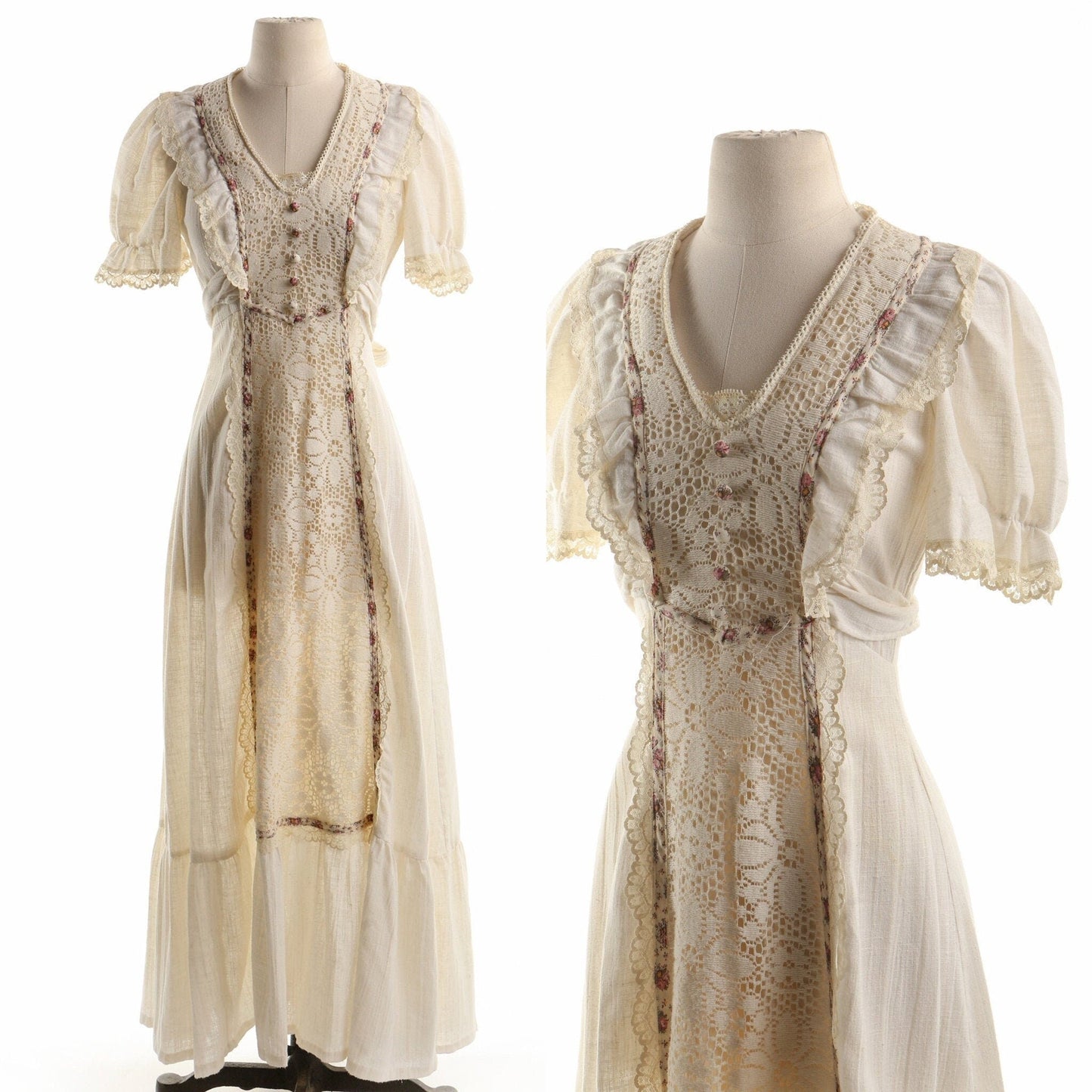 Vintage 70s Dress / Short Sleeve / Cotton / Beige / V Neck / Prairie