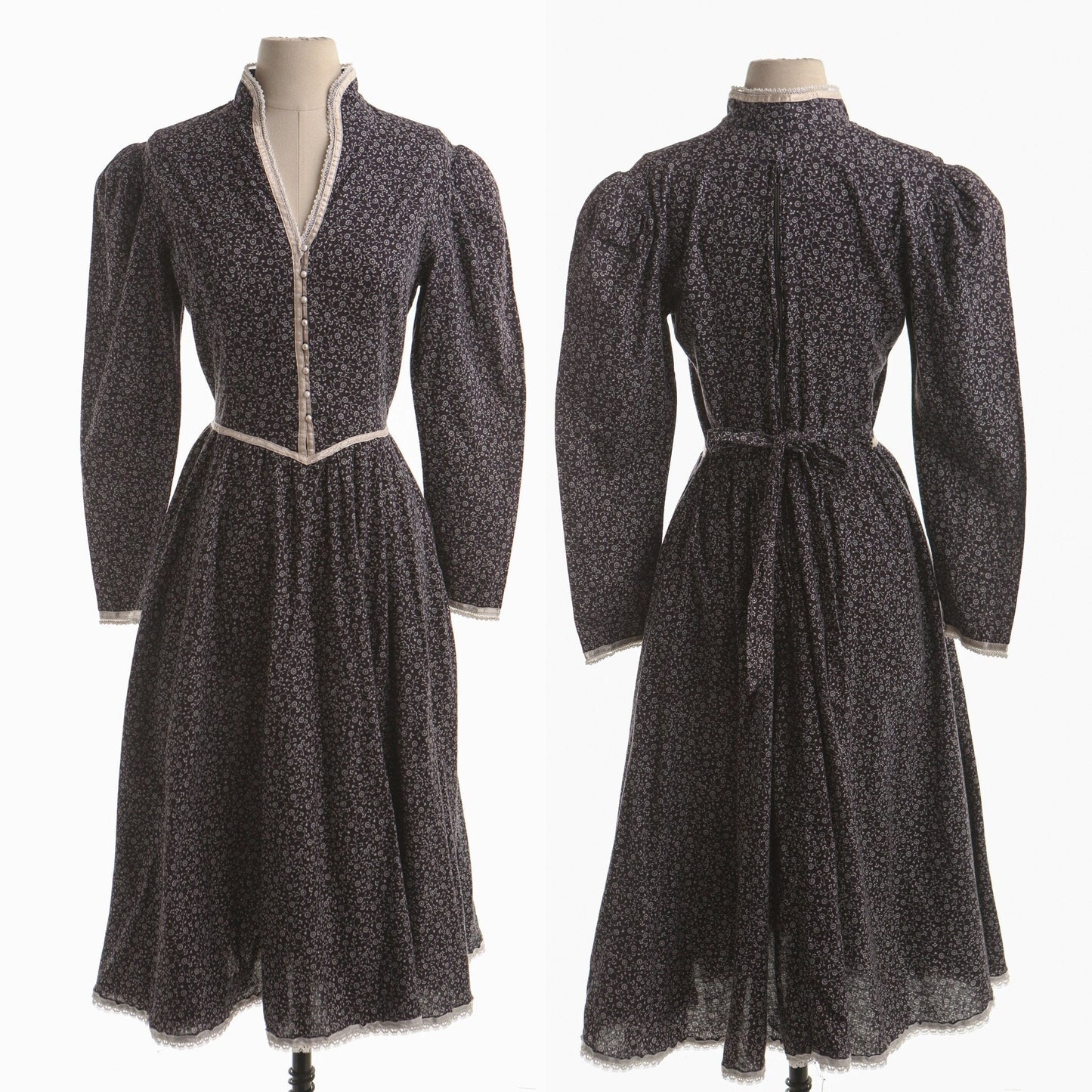 Vintage Gunne Sax Dress / Black / Floral Print / Deep V Neck / Long Sleeve