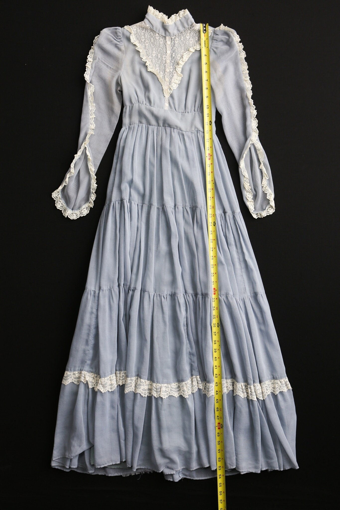 Vintage Prairie Dress / Blue / Long Sleeve / Ruffled Collar / Gunne Sax Style