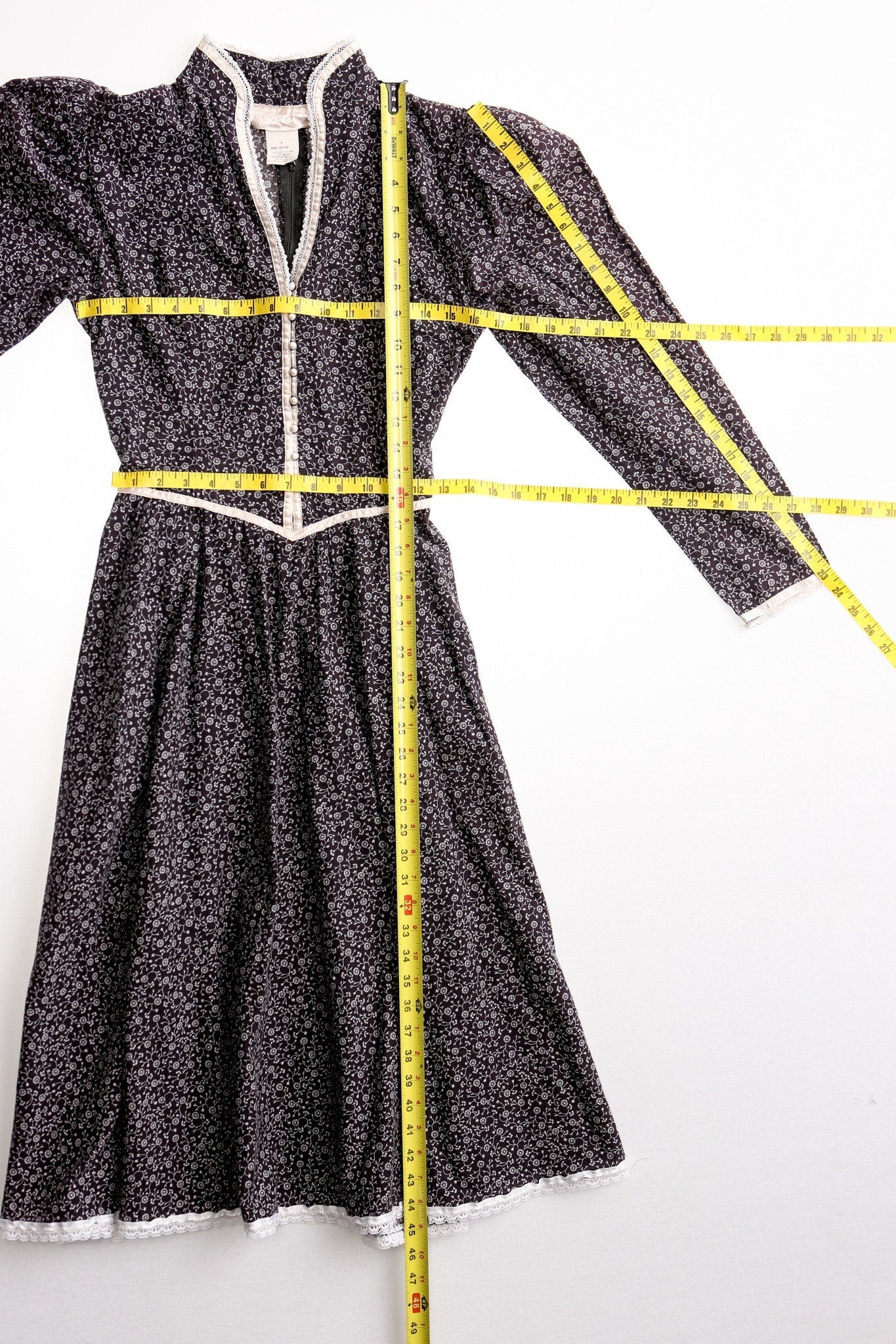 Vintage Gunne Sax Dress / Black / Floral Print / Deep V Neck / Long Sleeve