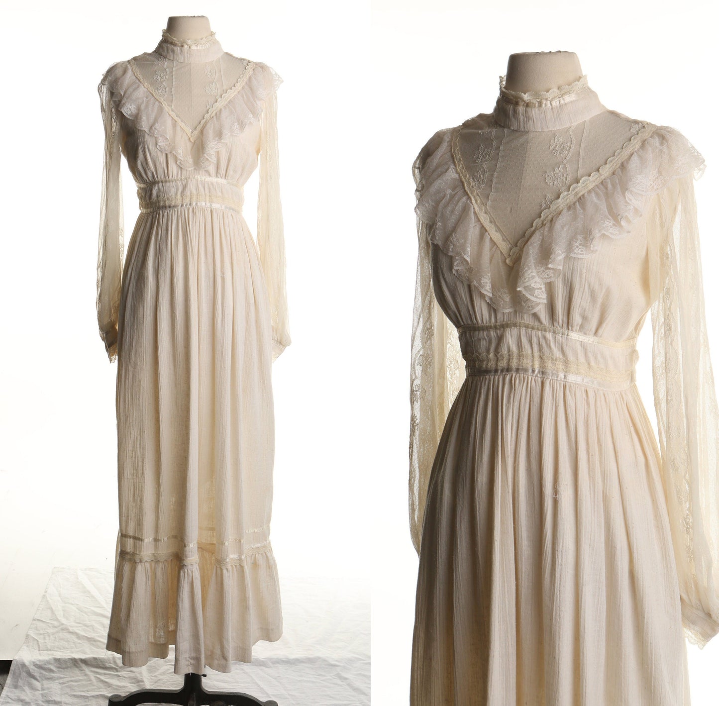 Vintage Victorian Style Dress / 1970s / White / Cotton / Waist Belt