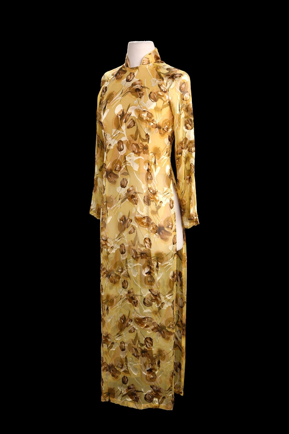 Vintage Cheongsam Dress with Yellow Flower Print Fabric Details