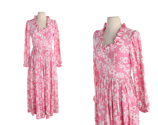 1970s Pink Floral Print Long Summer Dress