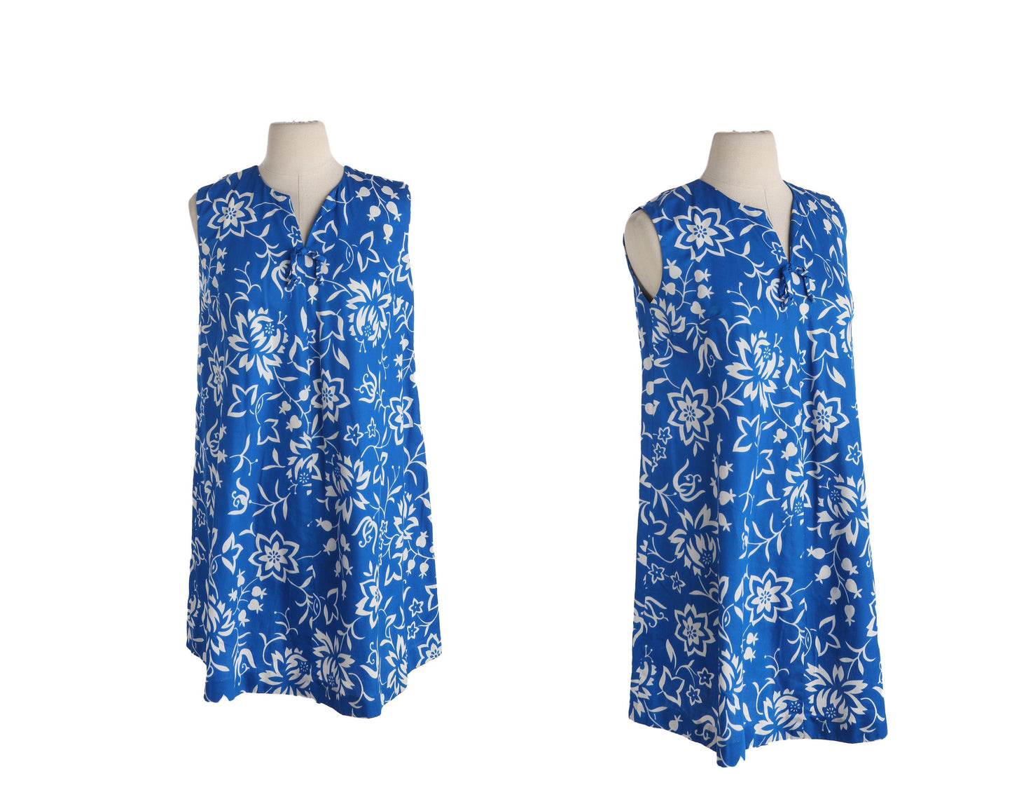 Vintage Blue Floral Print Sleeveless Hawaiian Dress / Made in Hawaii by Hawaiian Paradise