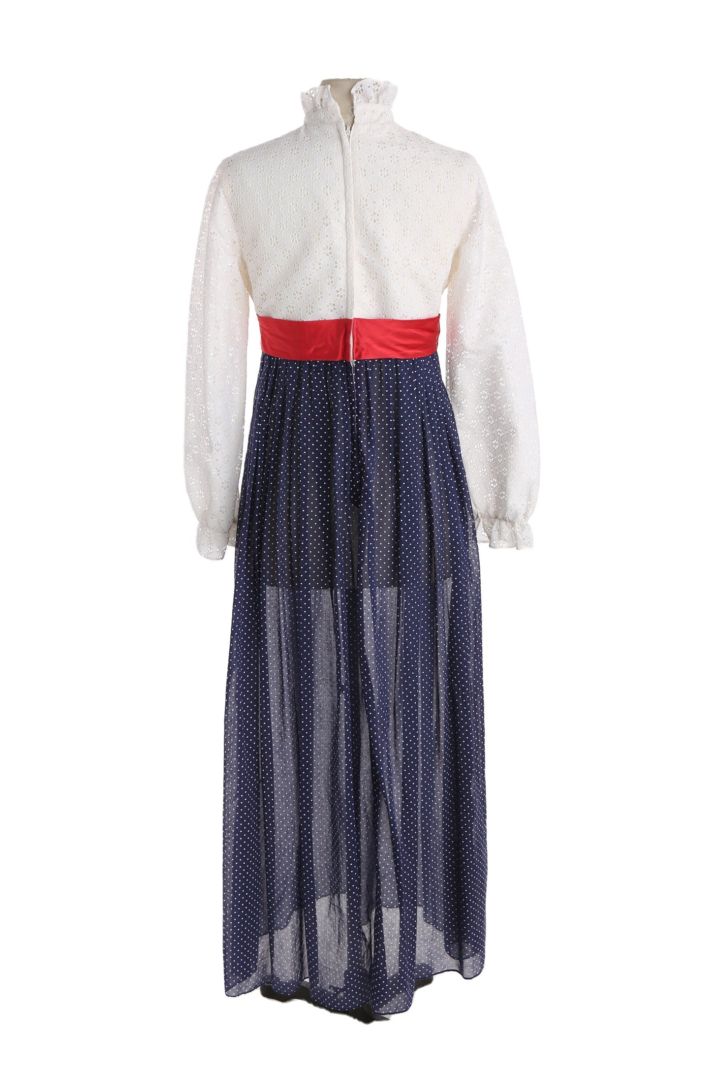 1970s Dress / Long Sleeve / Ruffled Collar / White and Blue