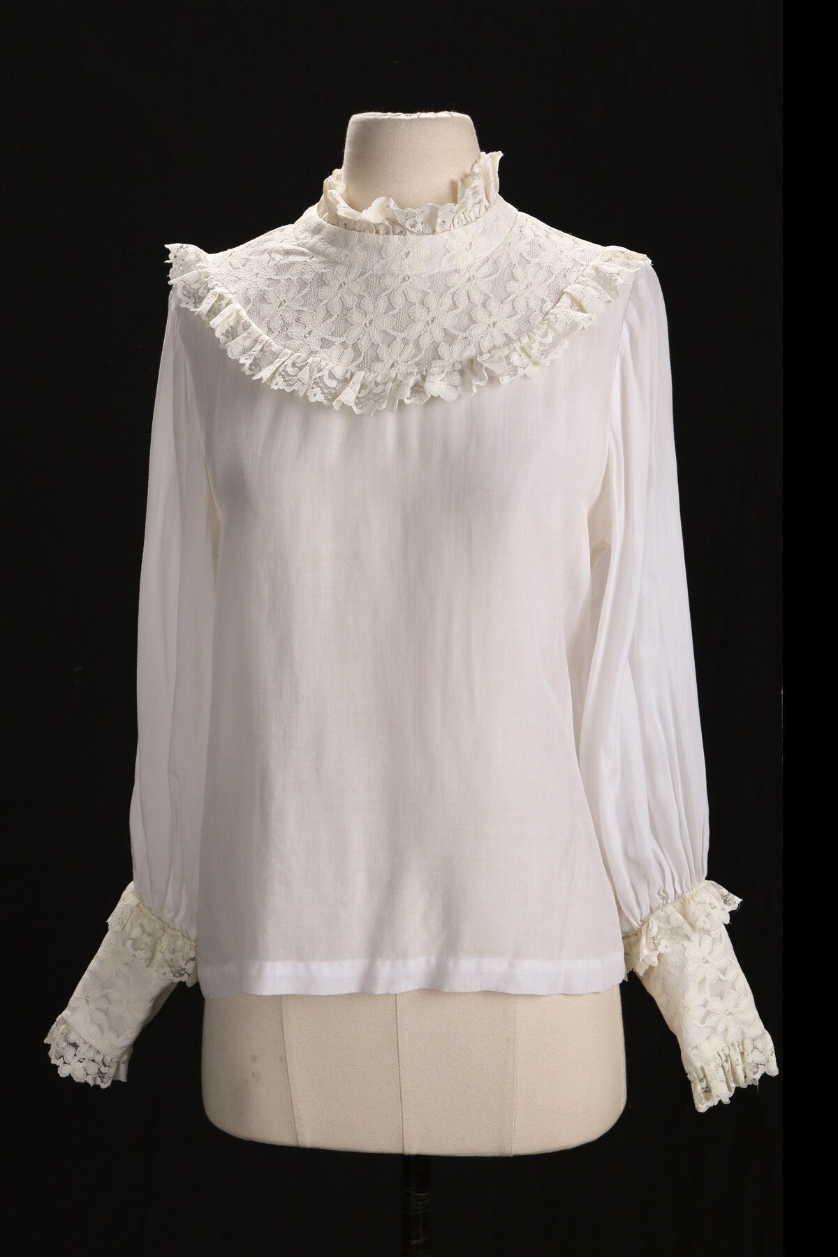Vintage White Blouse with Lace Collar and Sleeves