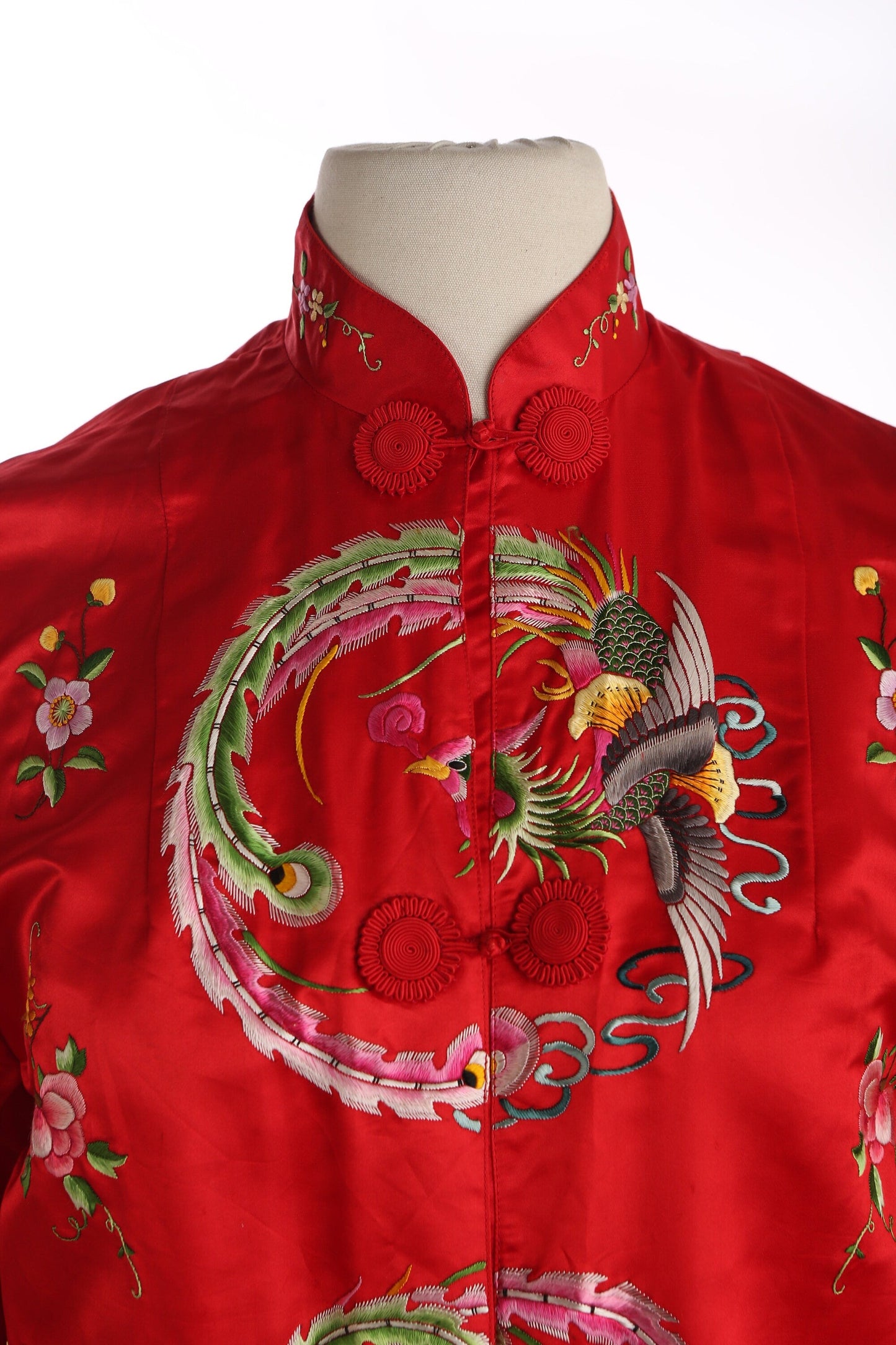 Vintage Chinese Red Embroidered Cheongsam Robe by Golden Bee / Made in China