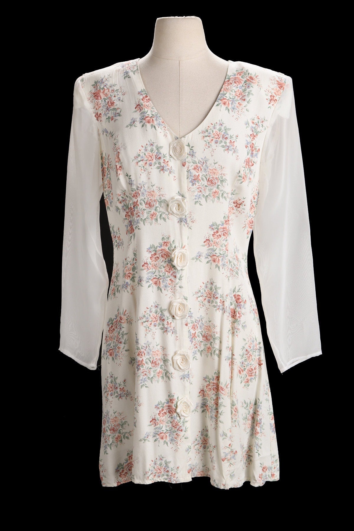 90's Women Floral Print Summer Dress with White Sheer Back and Front Rose Buttons