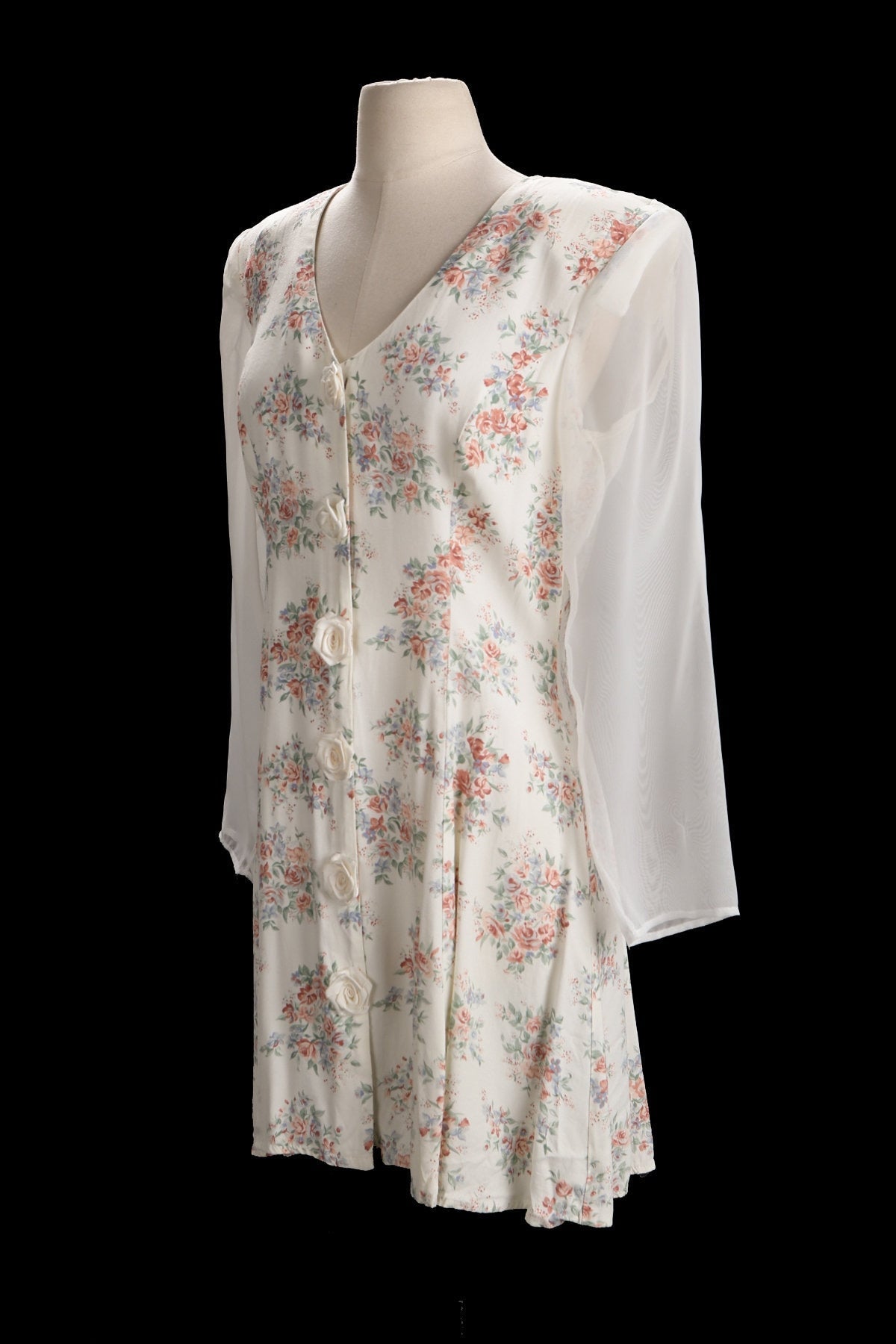 90's Women Floral Print Summer Dress with White Sheer Back and Front Rose Buttons