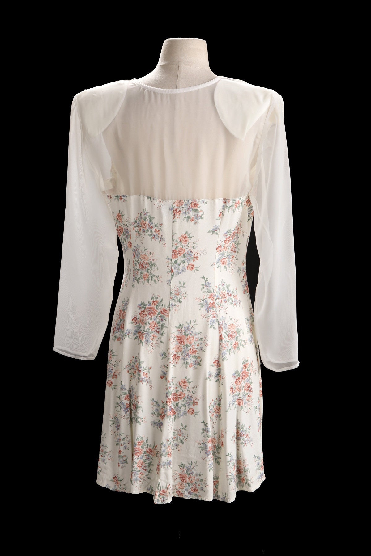 90's Women Floral Print Summer Dress with White Sheer Back and Front Rose Buttons