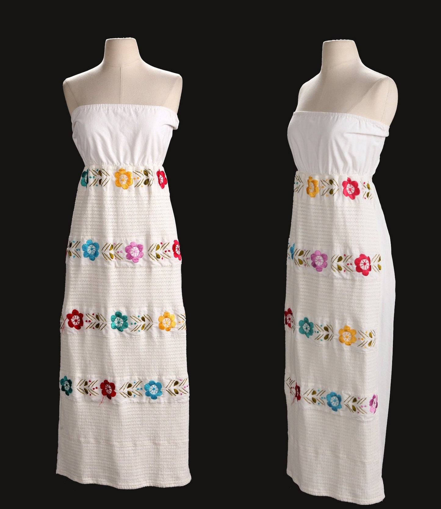 Women Strapless Embroidered Dress - Flower Embroidery - Back Tie Closure