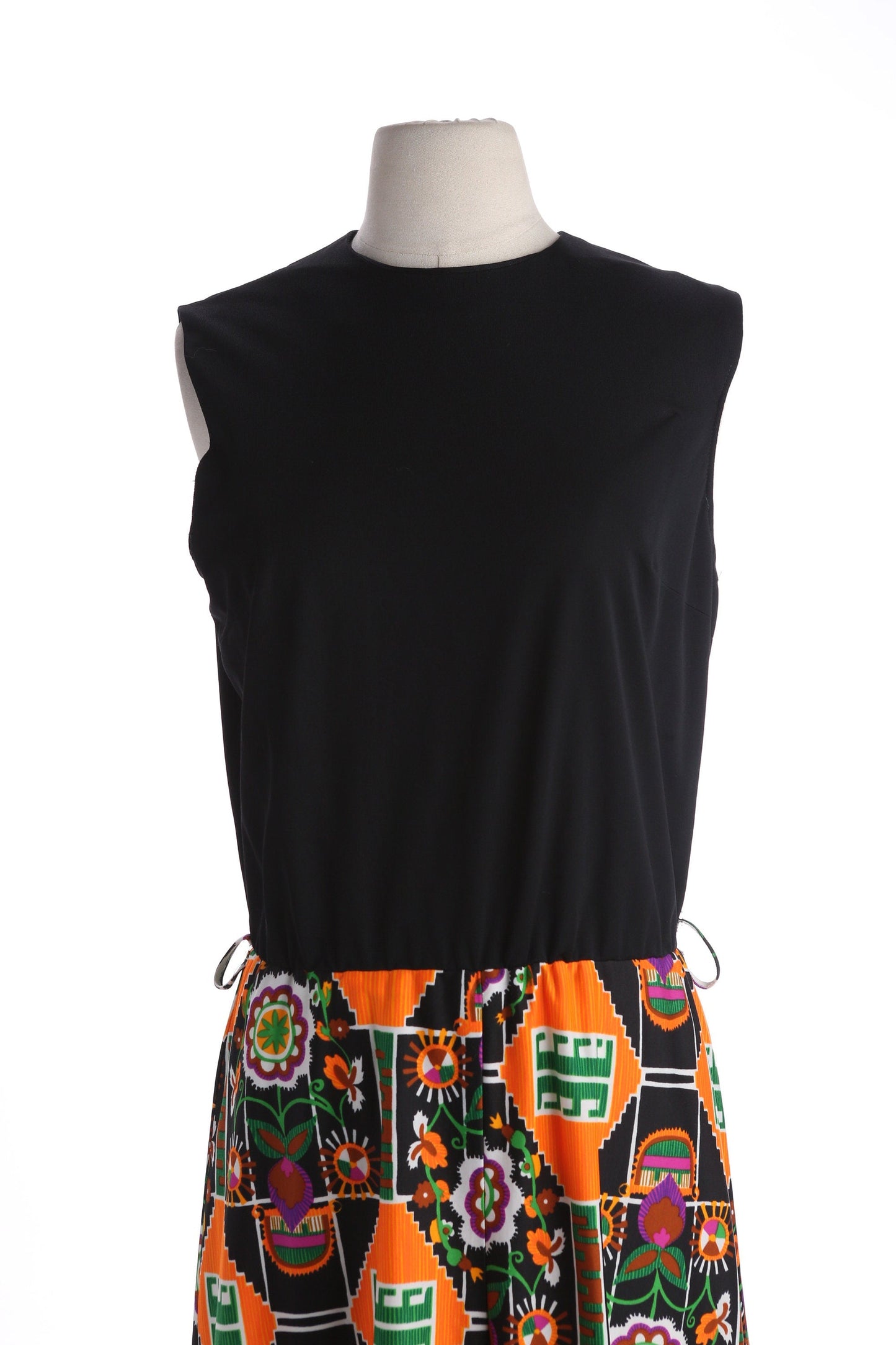 1970s Jumpsuit / Black Top / Bell Bottom / Geometrical Print Pants